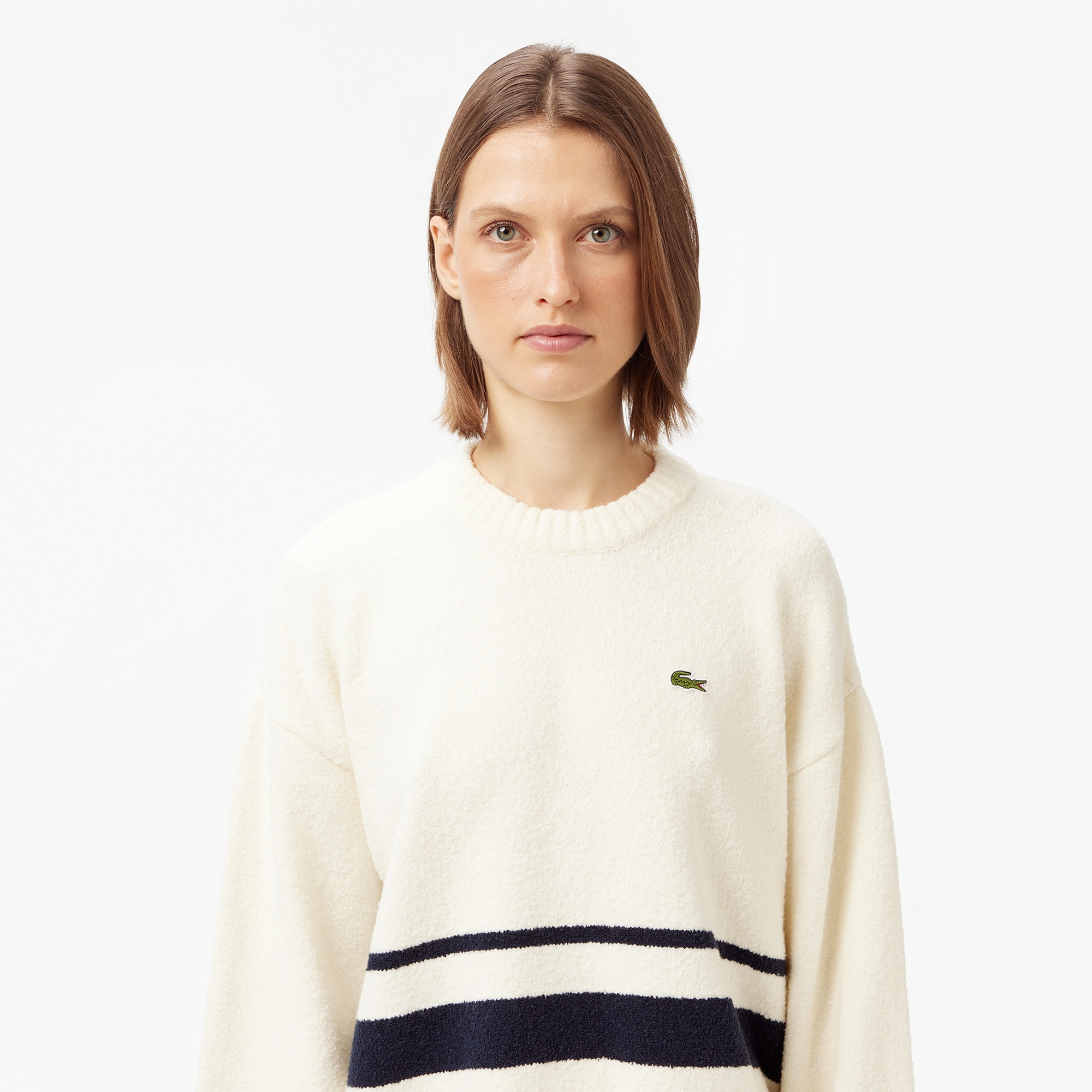 Kadın Loose Fit Bisiklet Yaka Çizgili Krem Kazak