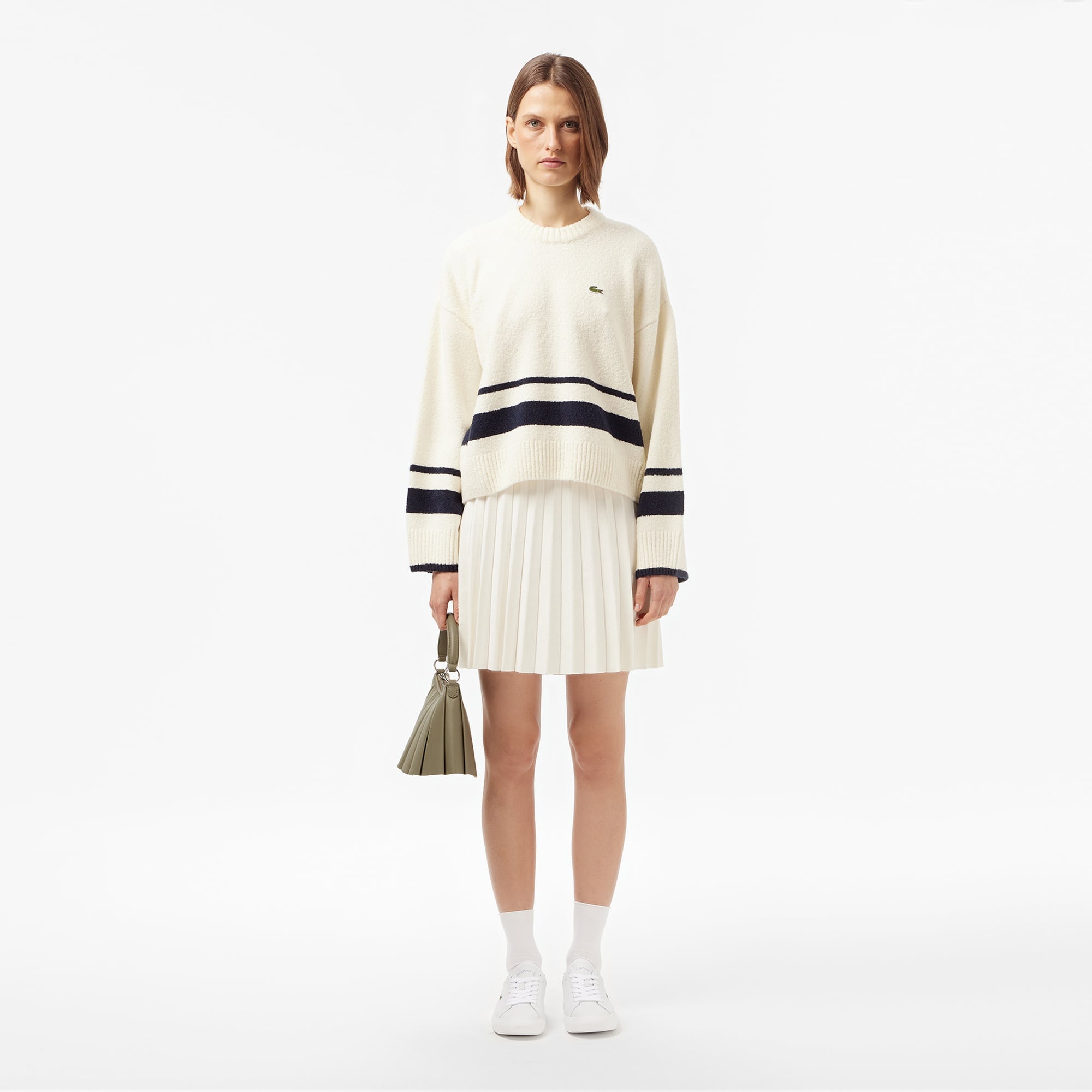 Kadın Loose Fit Bisiklet Yaka Çizgili Krem Kazak