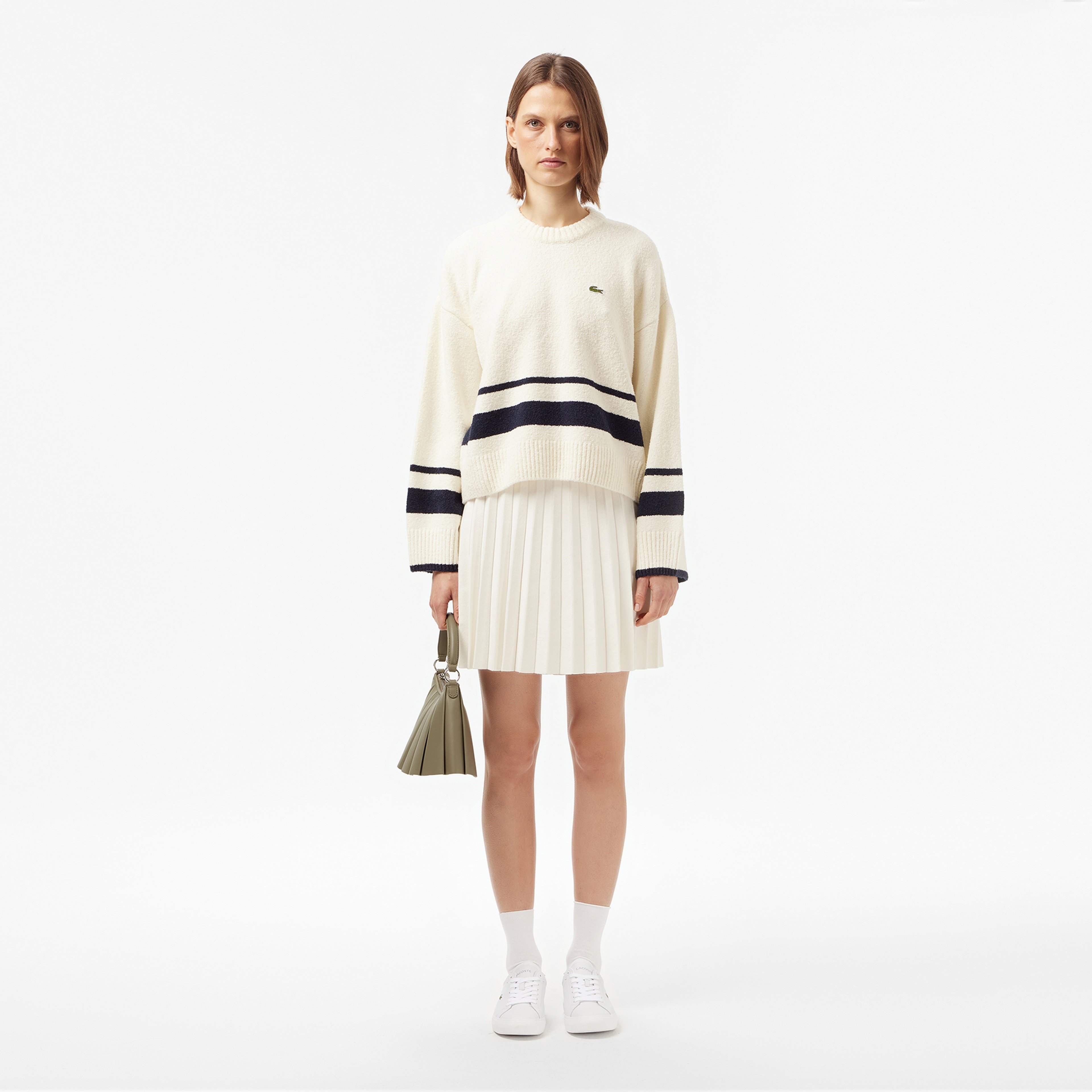 Kadın Loose Fit Bisiklet Yaka Çizgili Krem Kazak