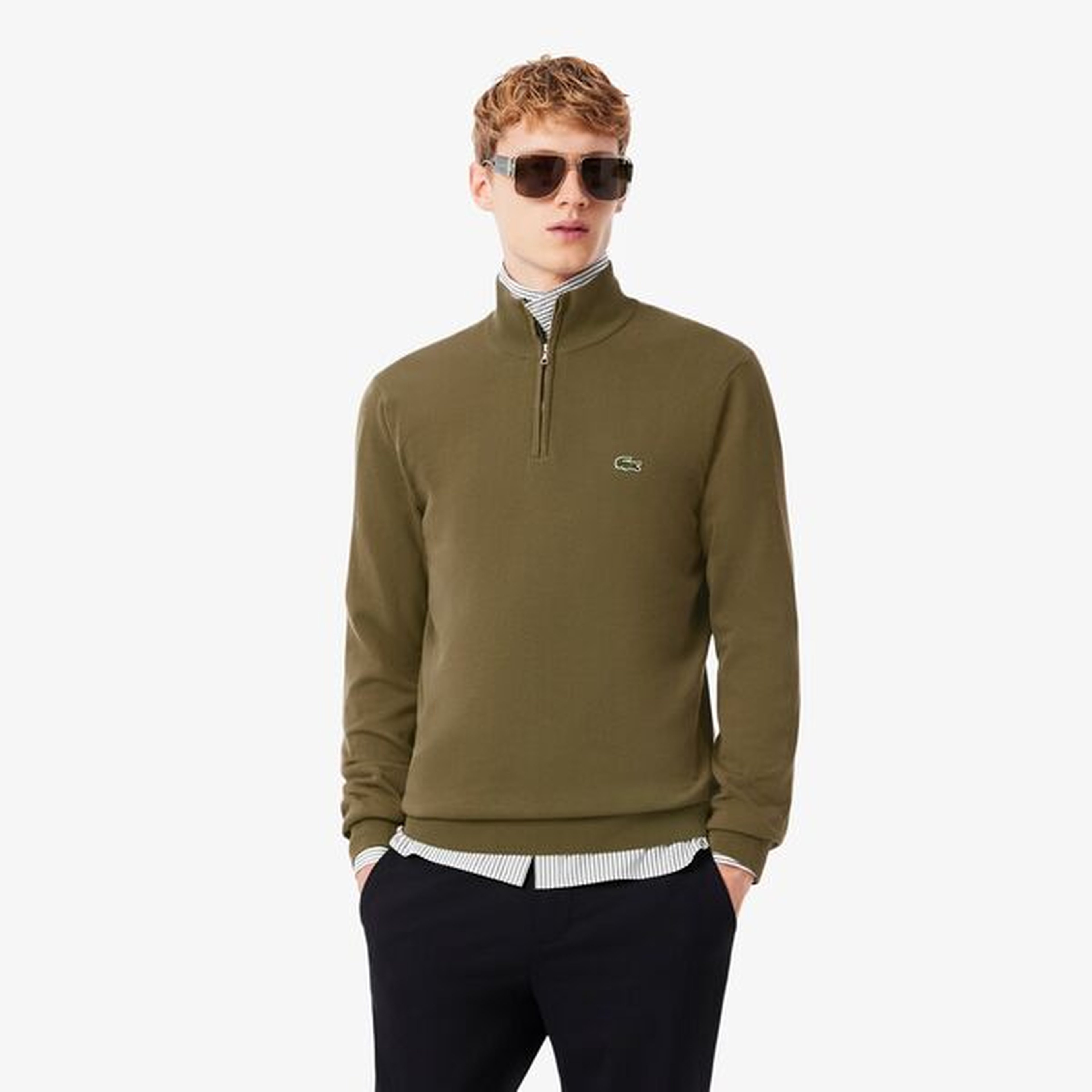 Erkek Regular Fit Yarım Fermuarlı Organik Pamuk Haki Kazak