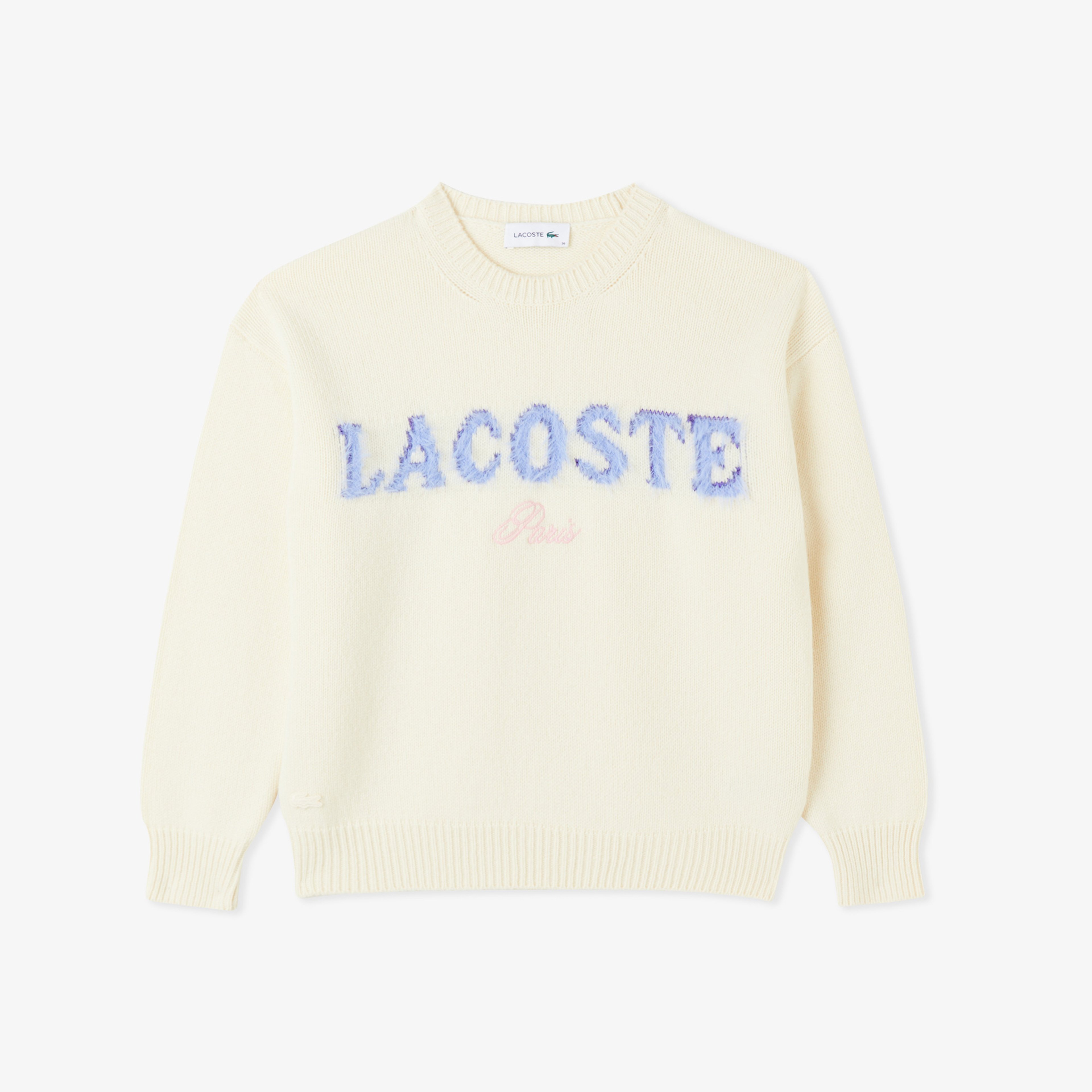 Kadın Classic Fit Bisiklet Yaka Baskılı Yün Krem Kazak