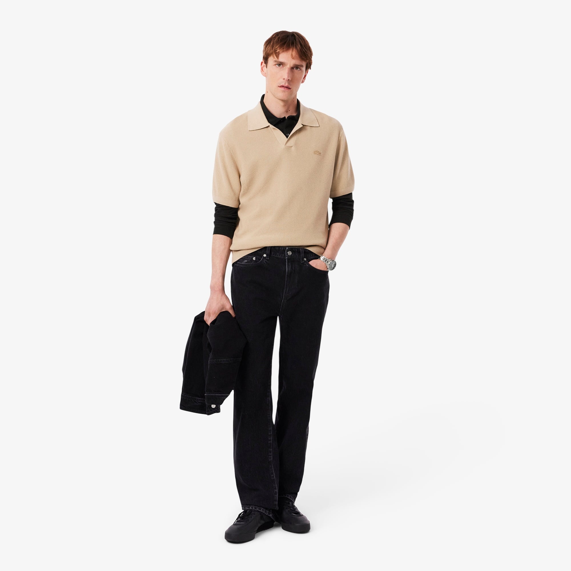 L.12.12 Erkek Slim Fit Uzun Kollu Siyah Polo