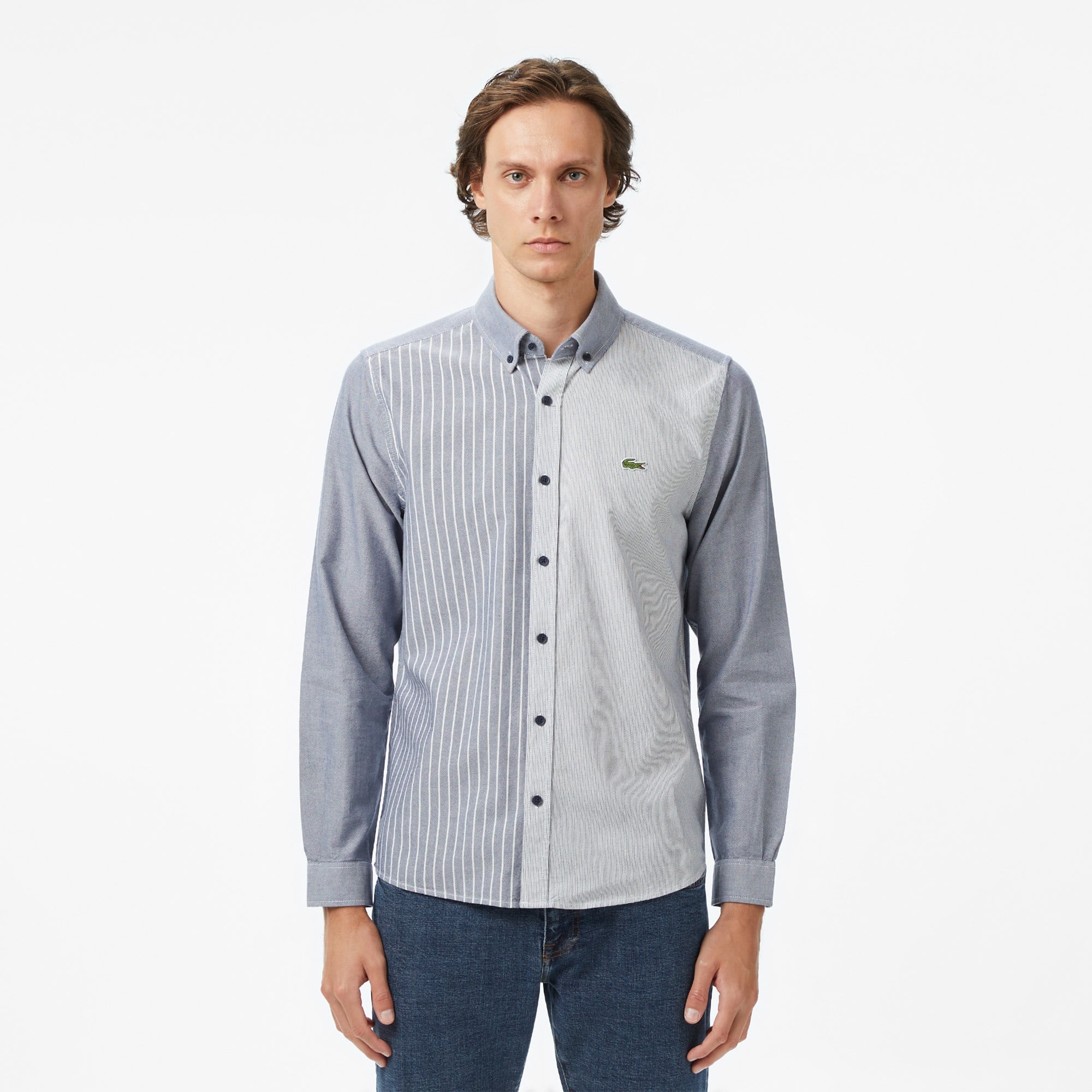 Erkek Slim Fit Düğmeli Yaka Renk Bloklu Lacivert Gömlek