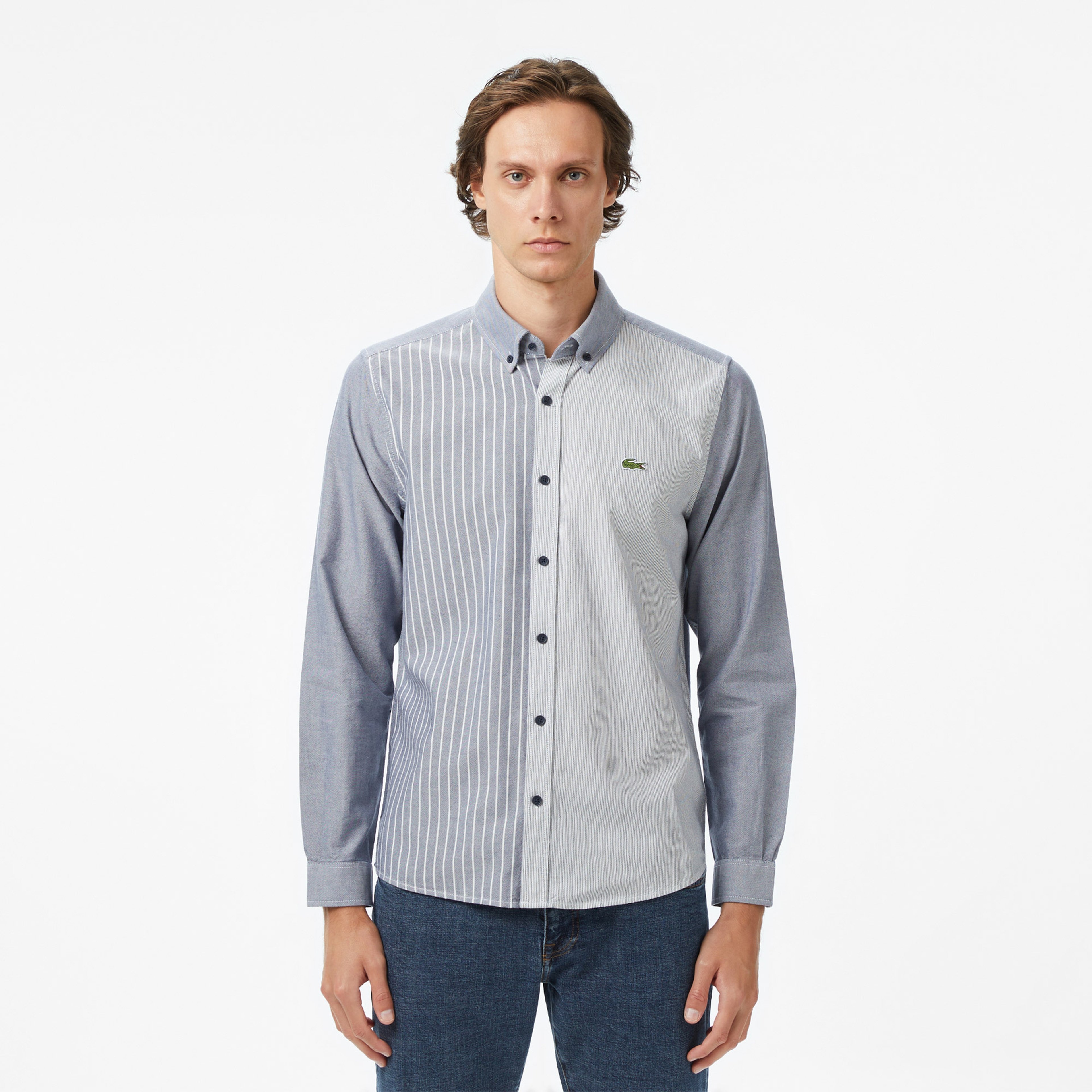 Erkek Slim Fit Düğmeli Yaka Renk Bloklu Lacivert Gömlek Erkek Slim Fit Düğmeli Yaka Renk Bloklu Lacivert Gömlek