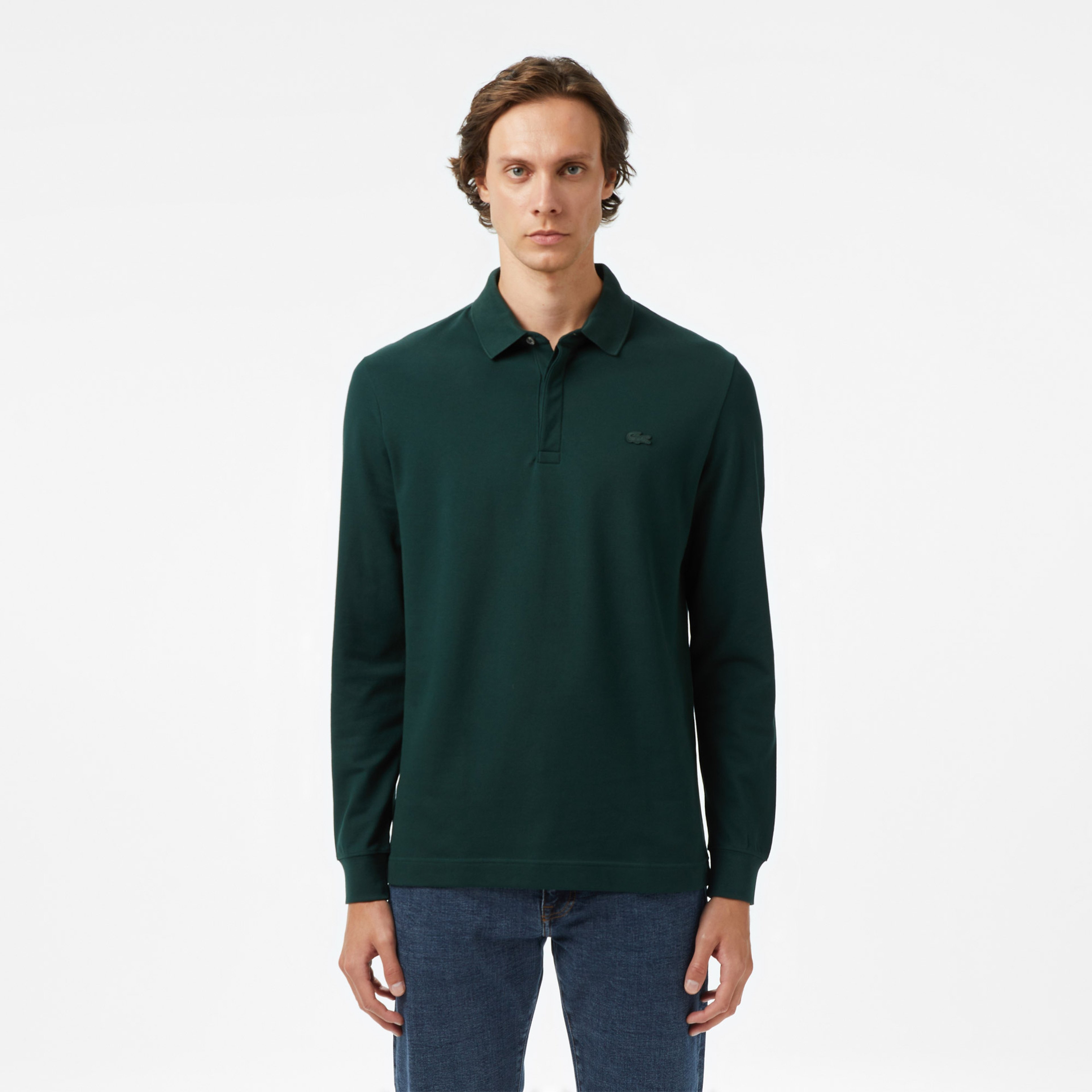 Erkek Regular Fit Uzun Kollu Koyu Yeşil Paris Polo