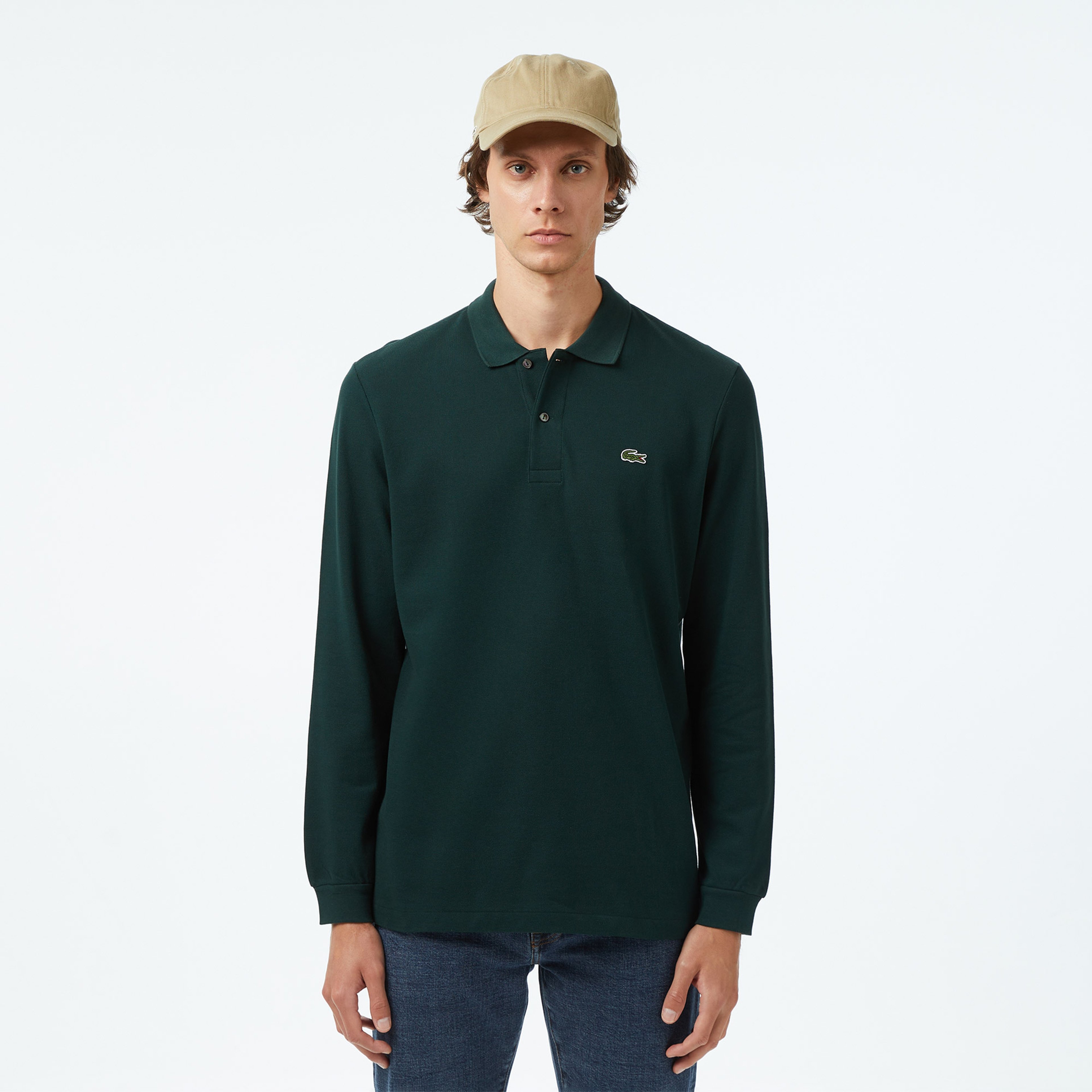 L.12.12 Erkek Classic Fit Uzun Kollu Koyu Yeşil Polo