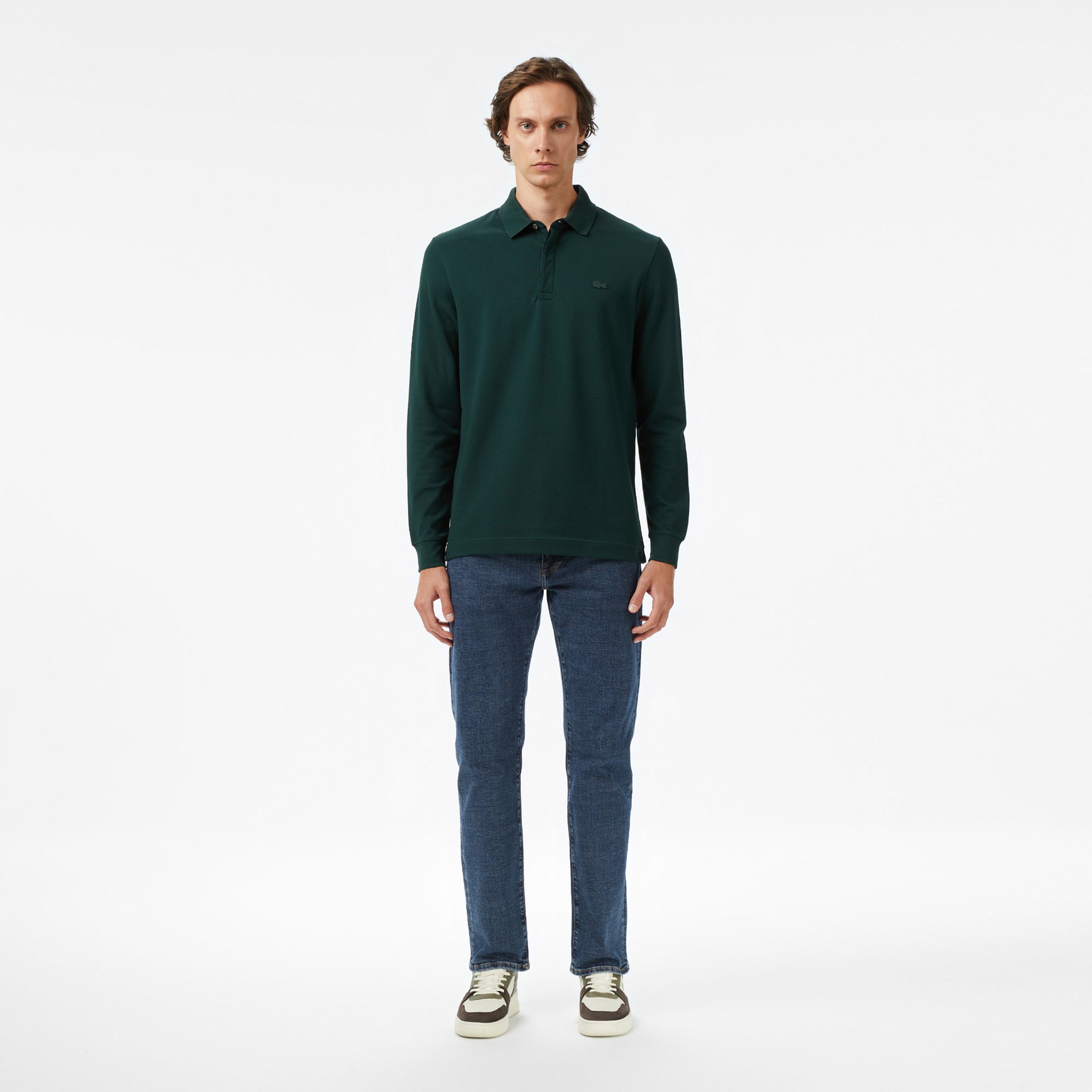 Erkek Regular Fit Uzun Kollu Koyu Yeşil Paris Polo