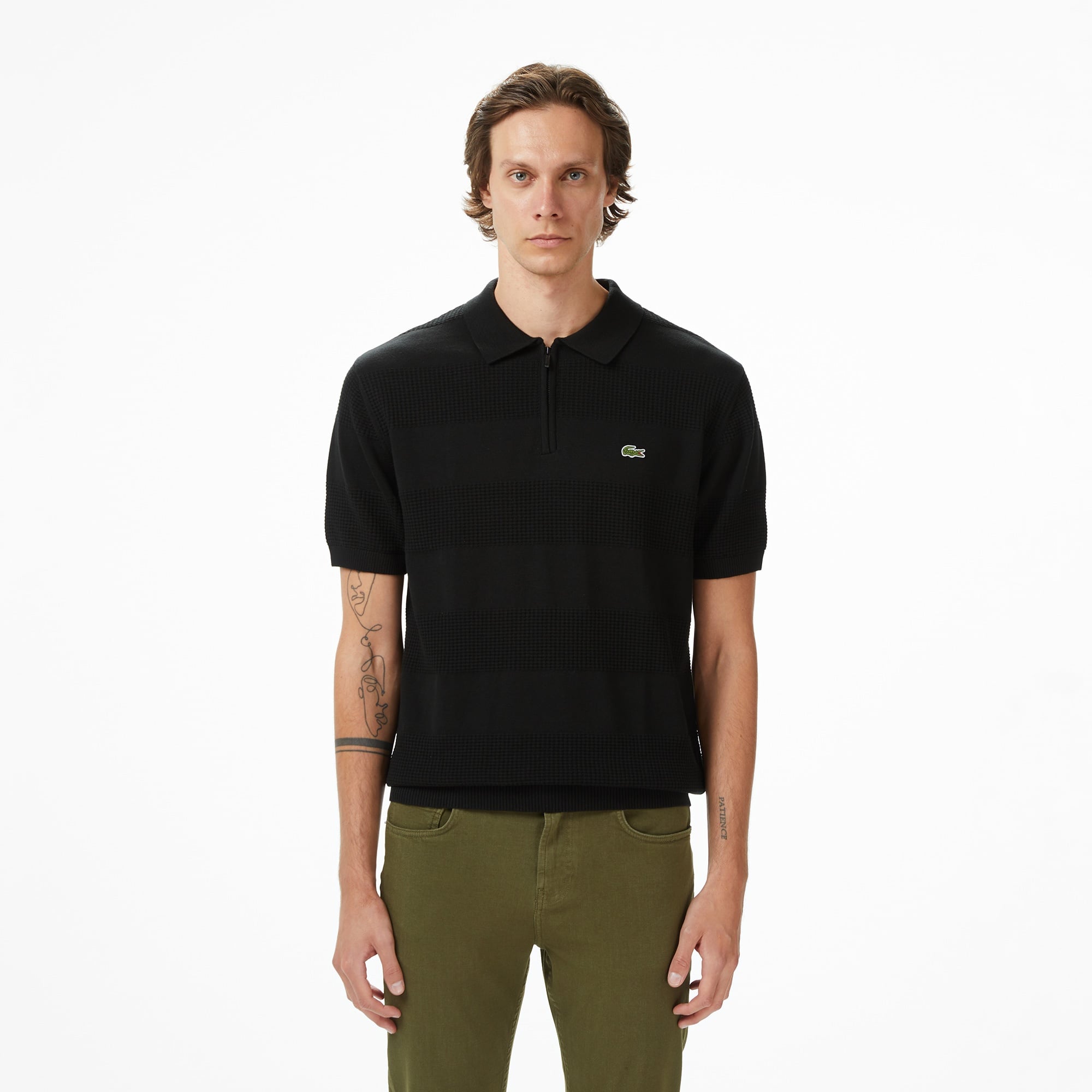 Erkek Classic Fit Kısa Kollu Polo Yaka Çizgili Siyah Triko