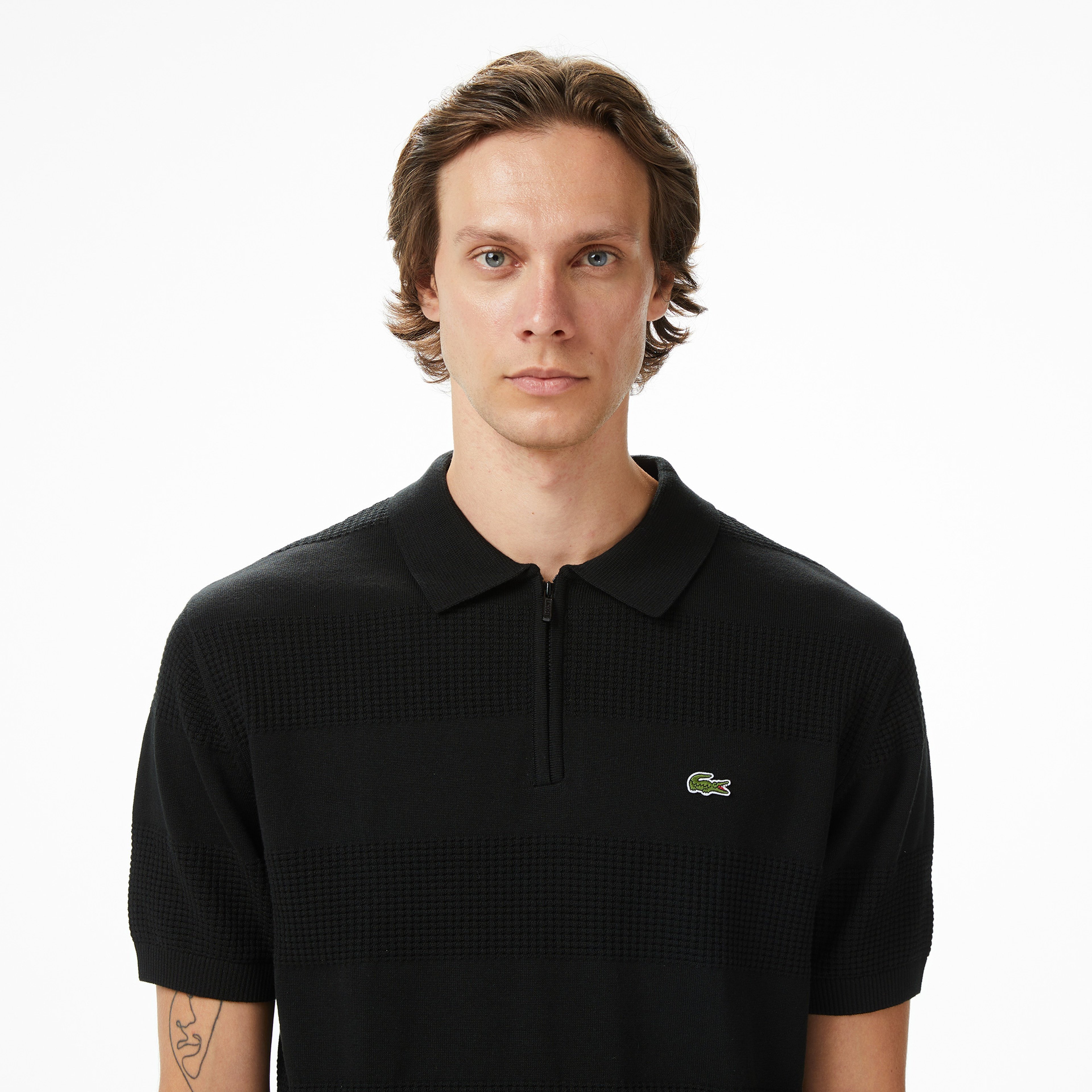 Erkek Classic Fit Kısa Kollu Polo Yaka Çizgili Siyah Triko