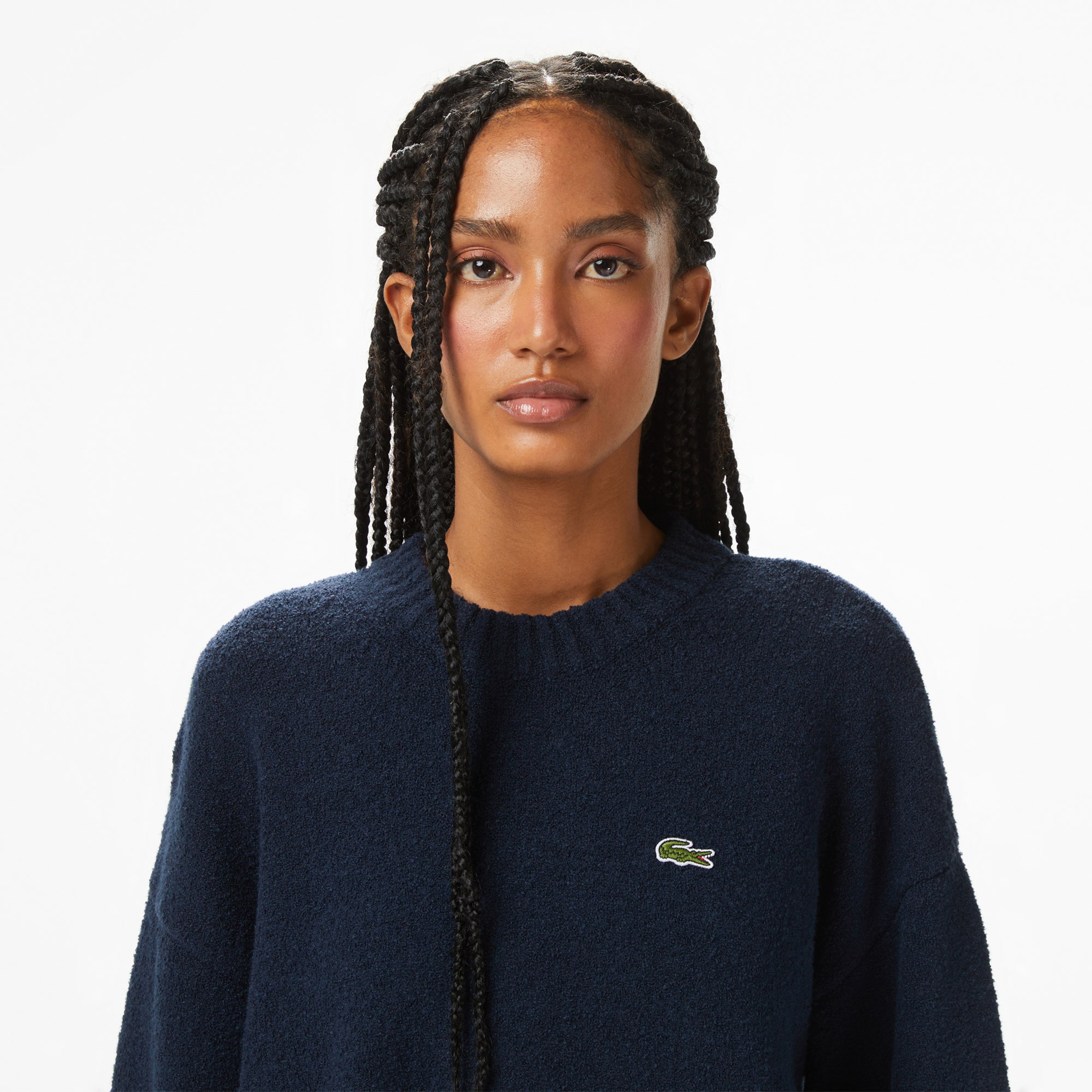 Kadın Loose Fit Bisiklet Yaka Çizgili Lacivert Kazak