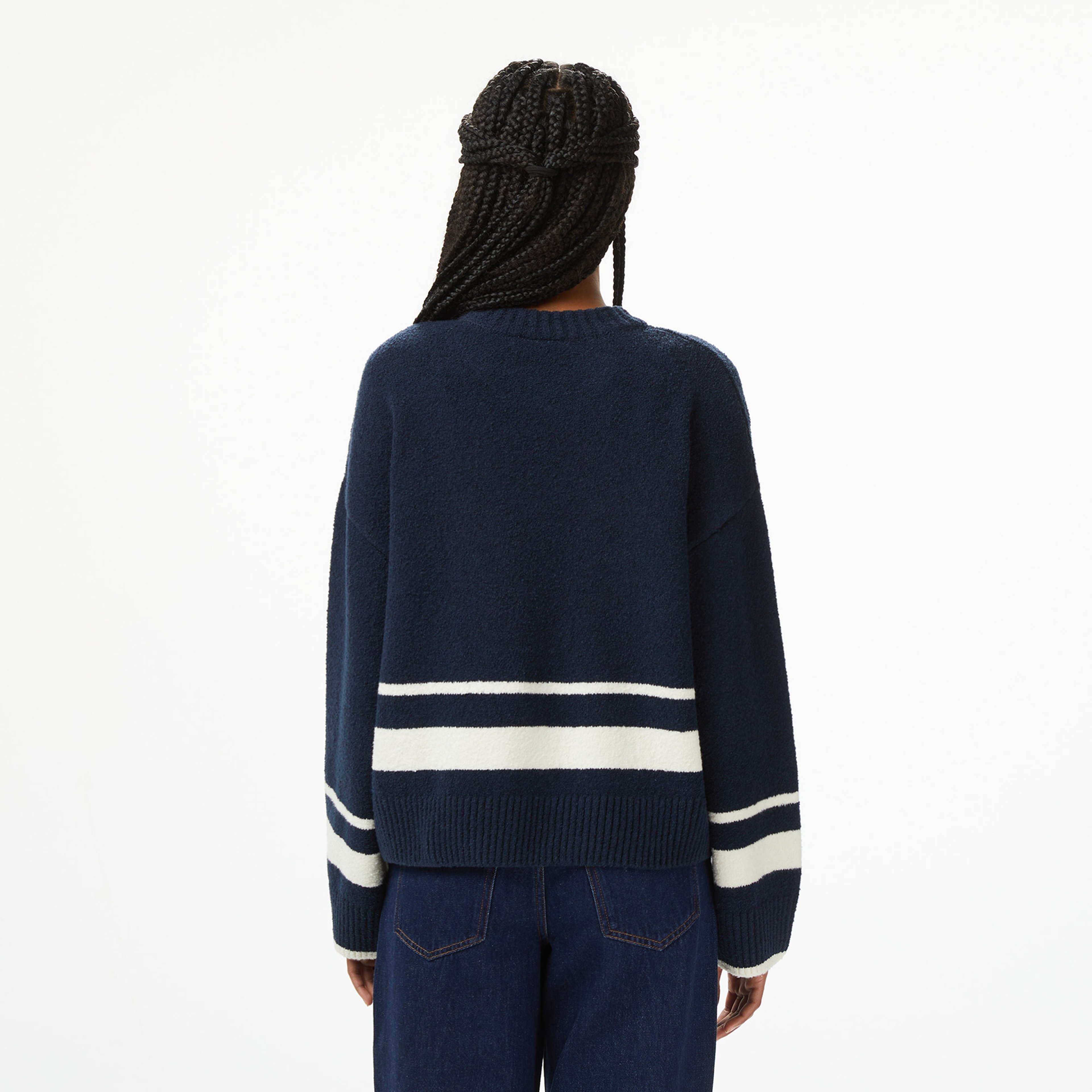 Kadın Loose Fit Bisiklet Yaka Çizgili Lacivert Kazak