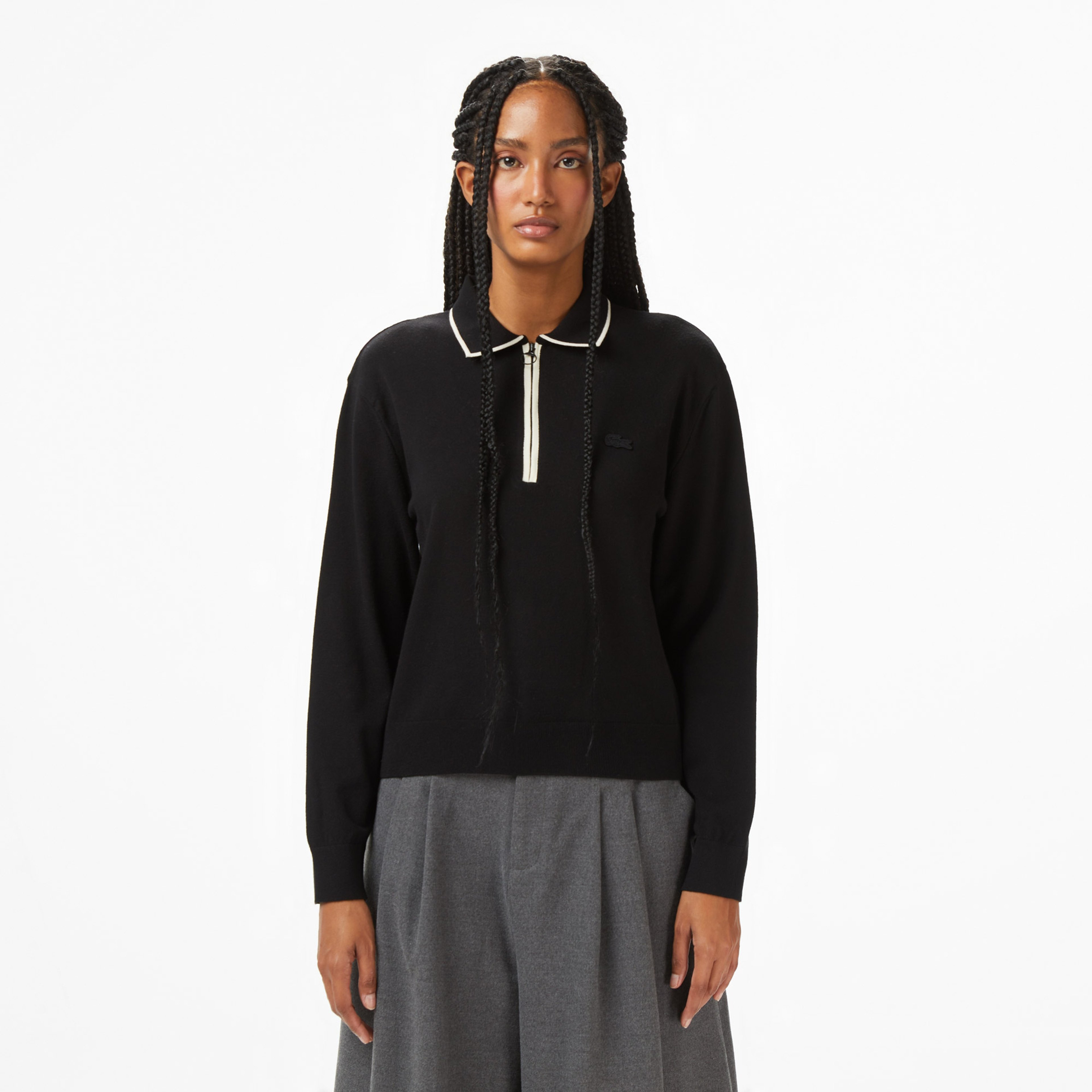 Kadın Regular Fit Polo Yaka Siyah Kazak