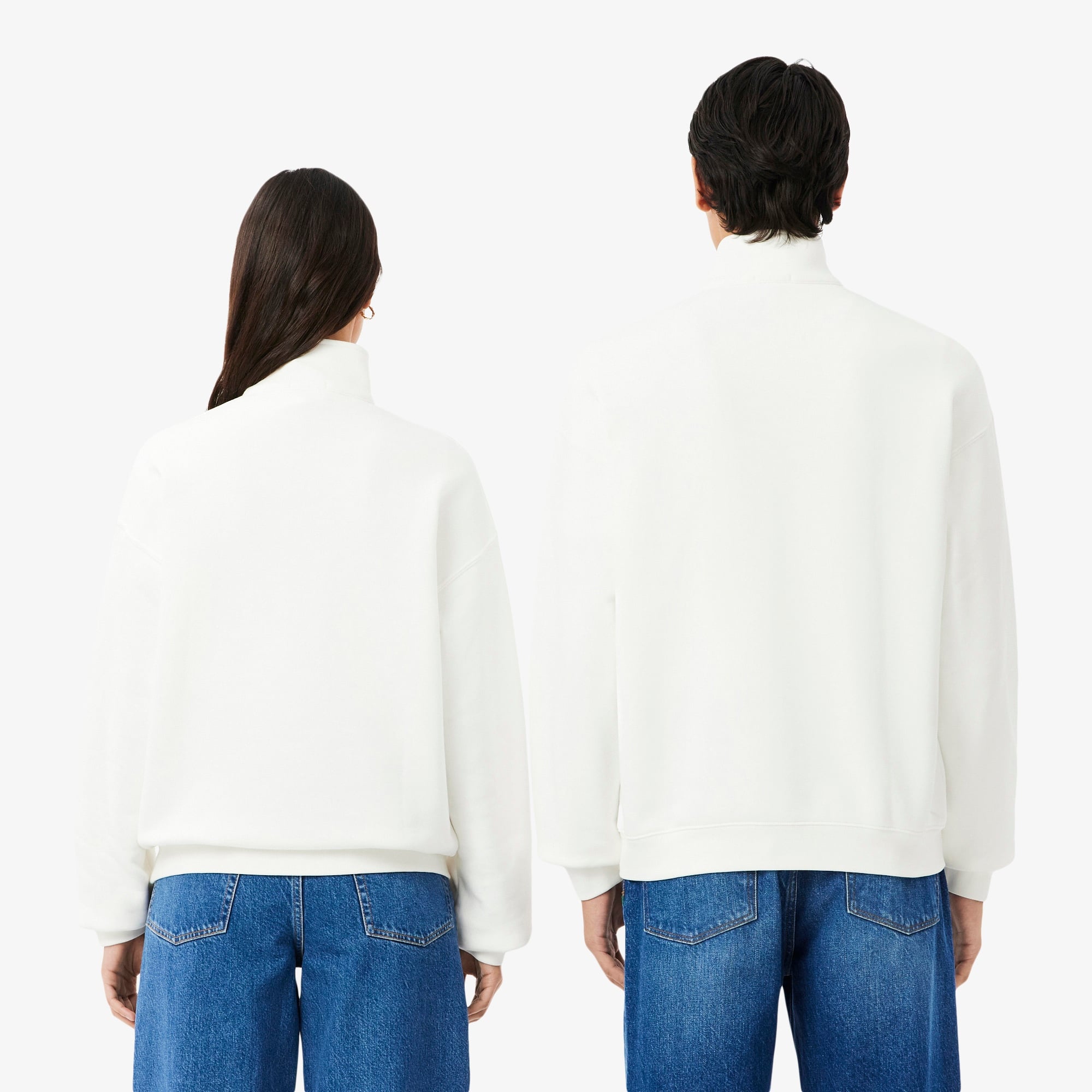 Unisex Loose Fit Yarım Fermuarlı Beyaz Sweatshirt