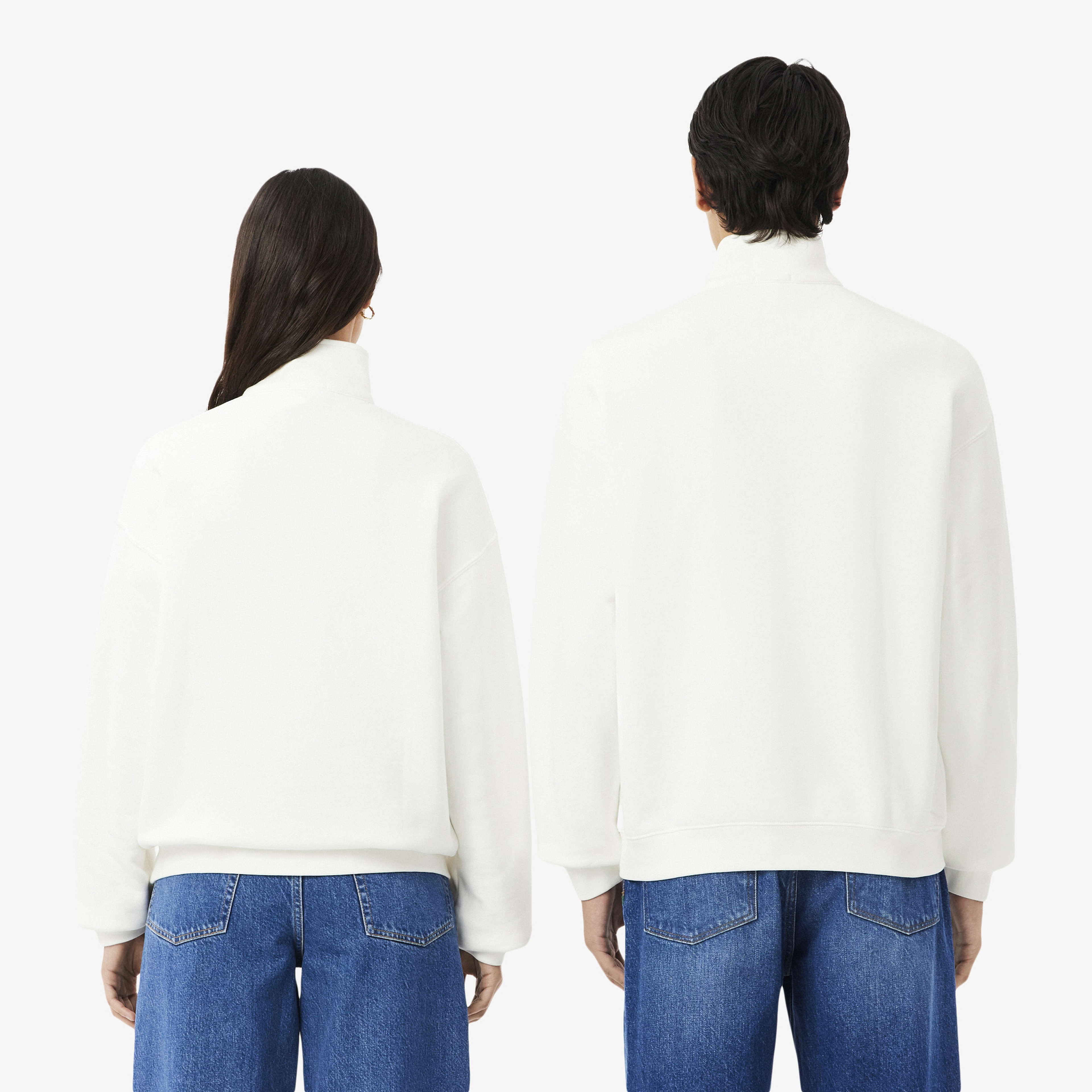 Unisex Loose Fit Yarım Fermuarlı Beyaz Sweatshirt