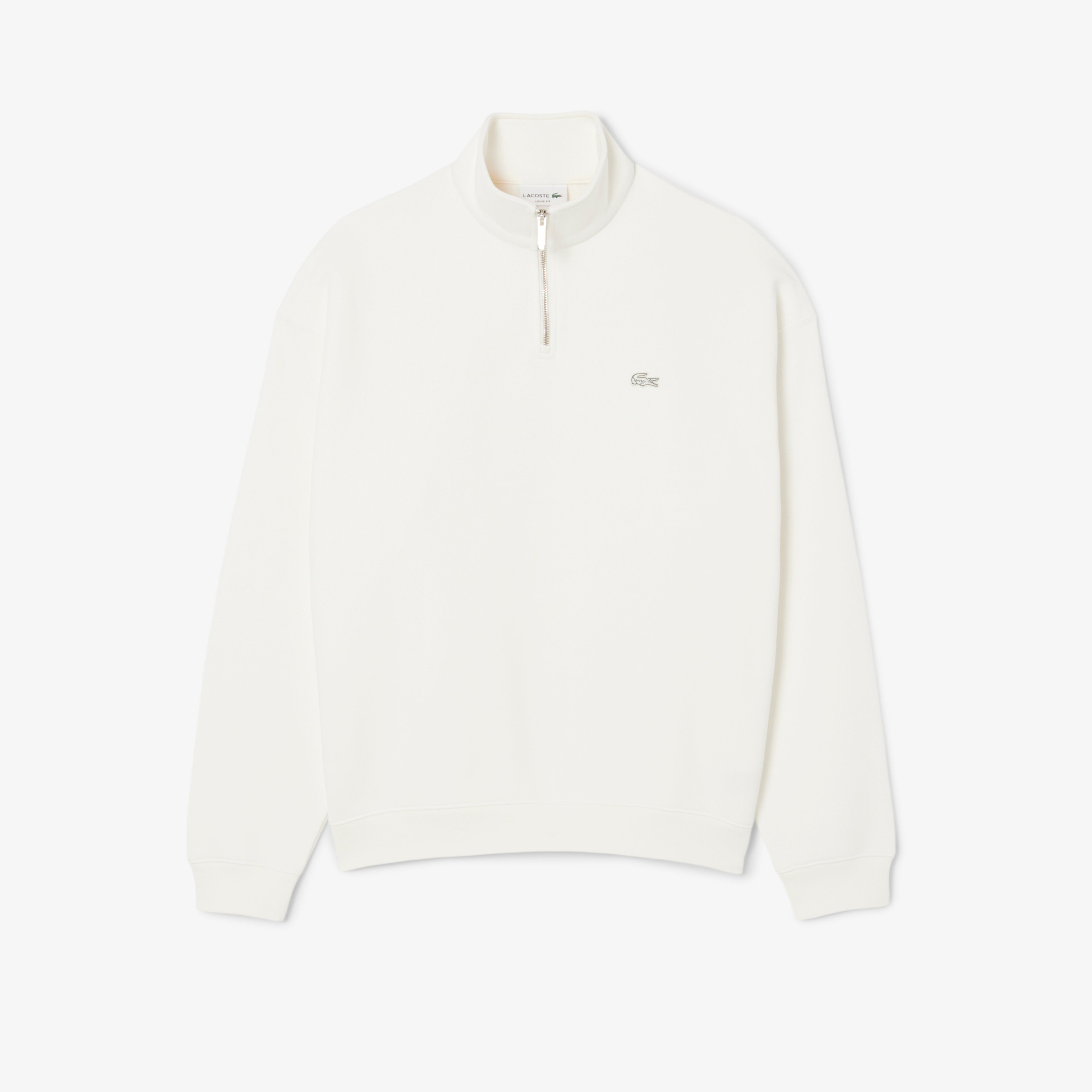 Unisex Loose Fit Yarım Fermuarlı Beyaz Sweatshirt