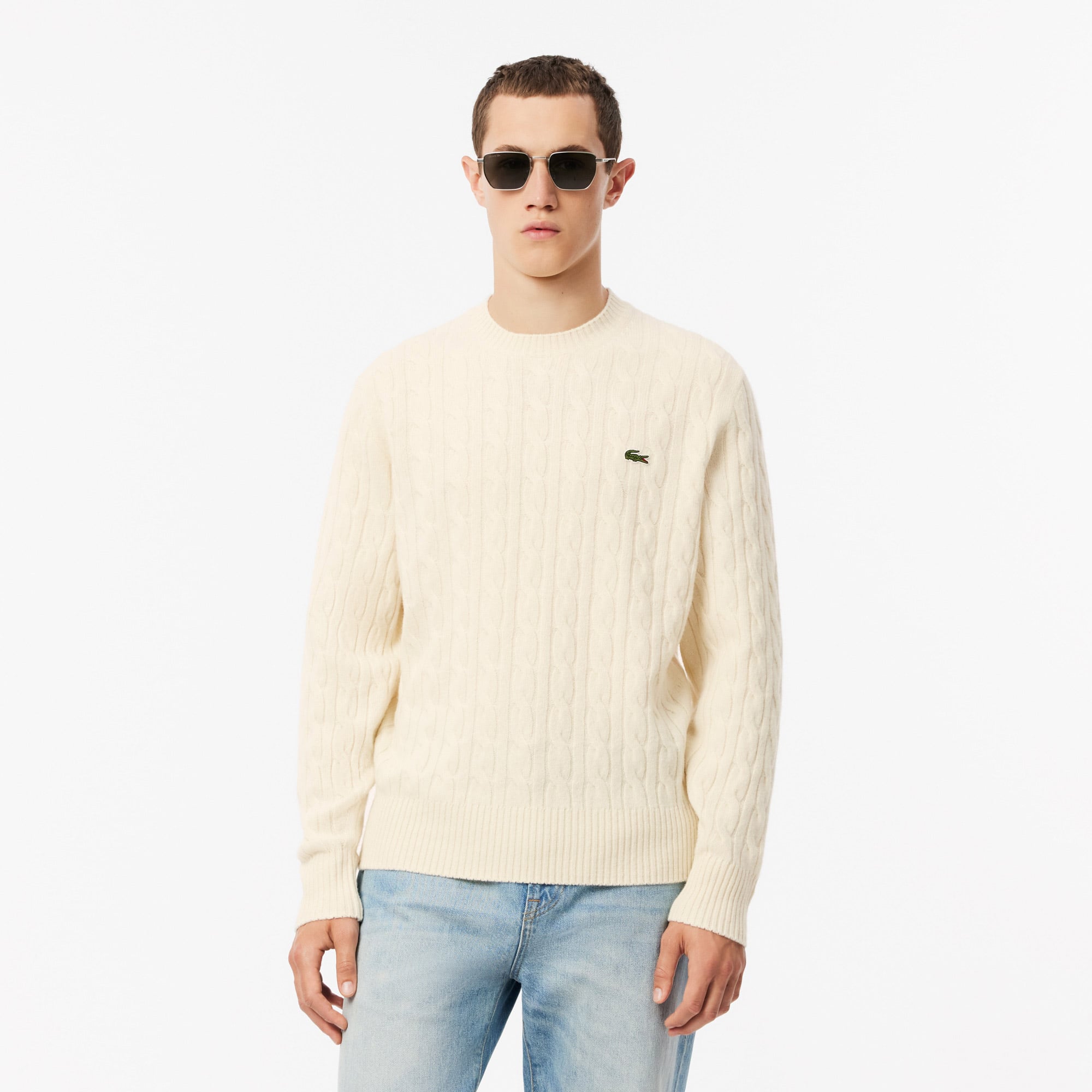 Erkek Classic Fit Bisiklet Yaka Desenli Krem Kazak AH2924.XFJ