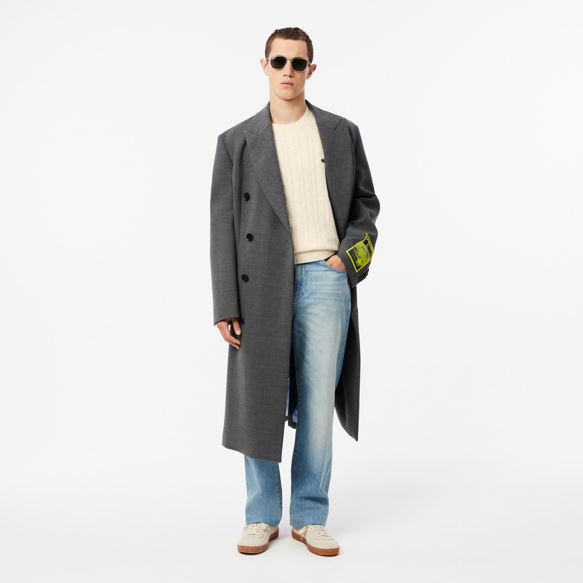 Erkek Classic Fit Bisiklet Yaka Desenli Krem Kazak