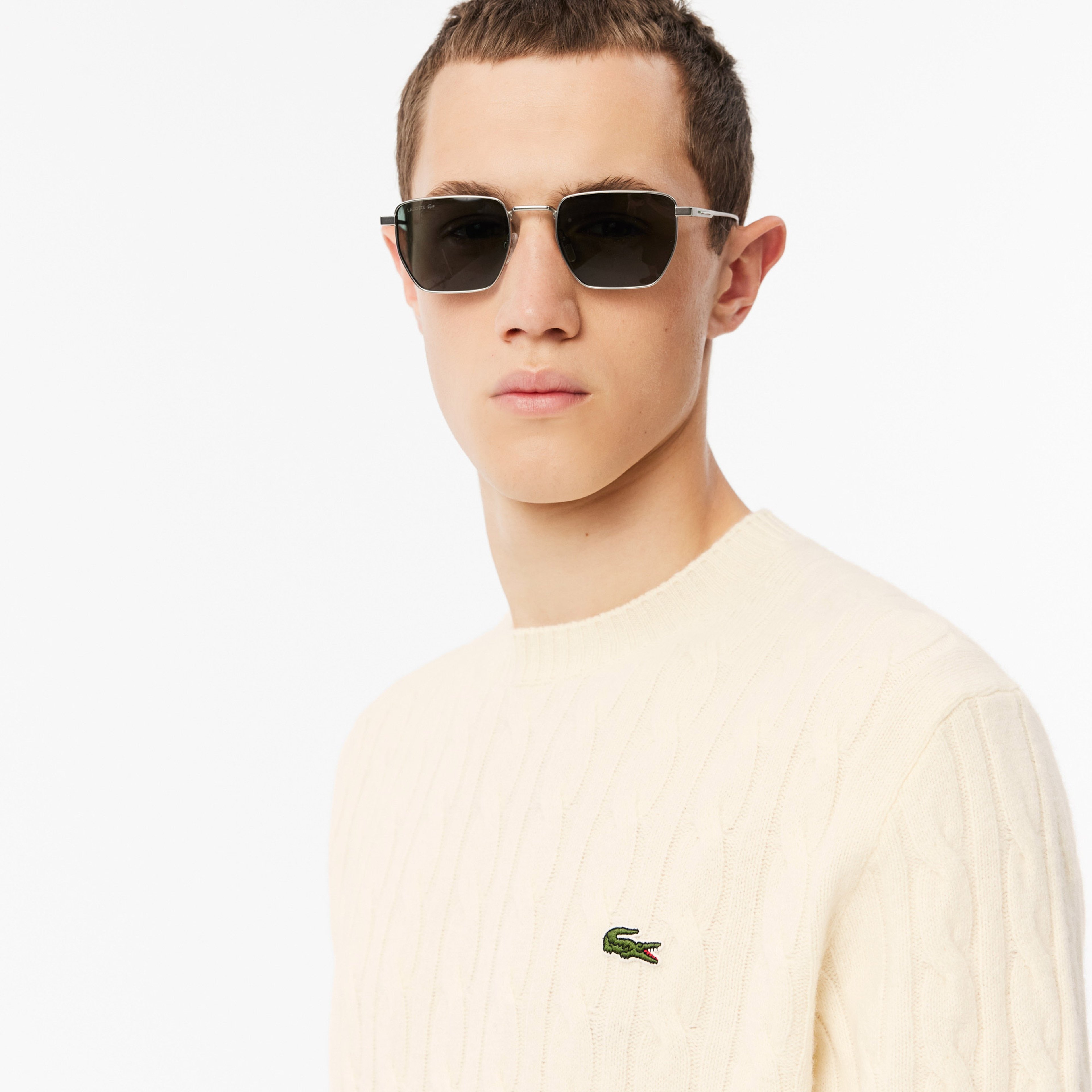 Erkek Classic Fit Bisiklet Yaka Desenli Krem Kazak