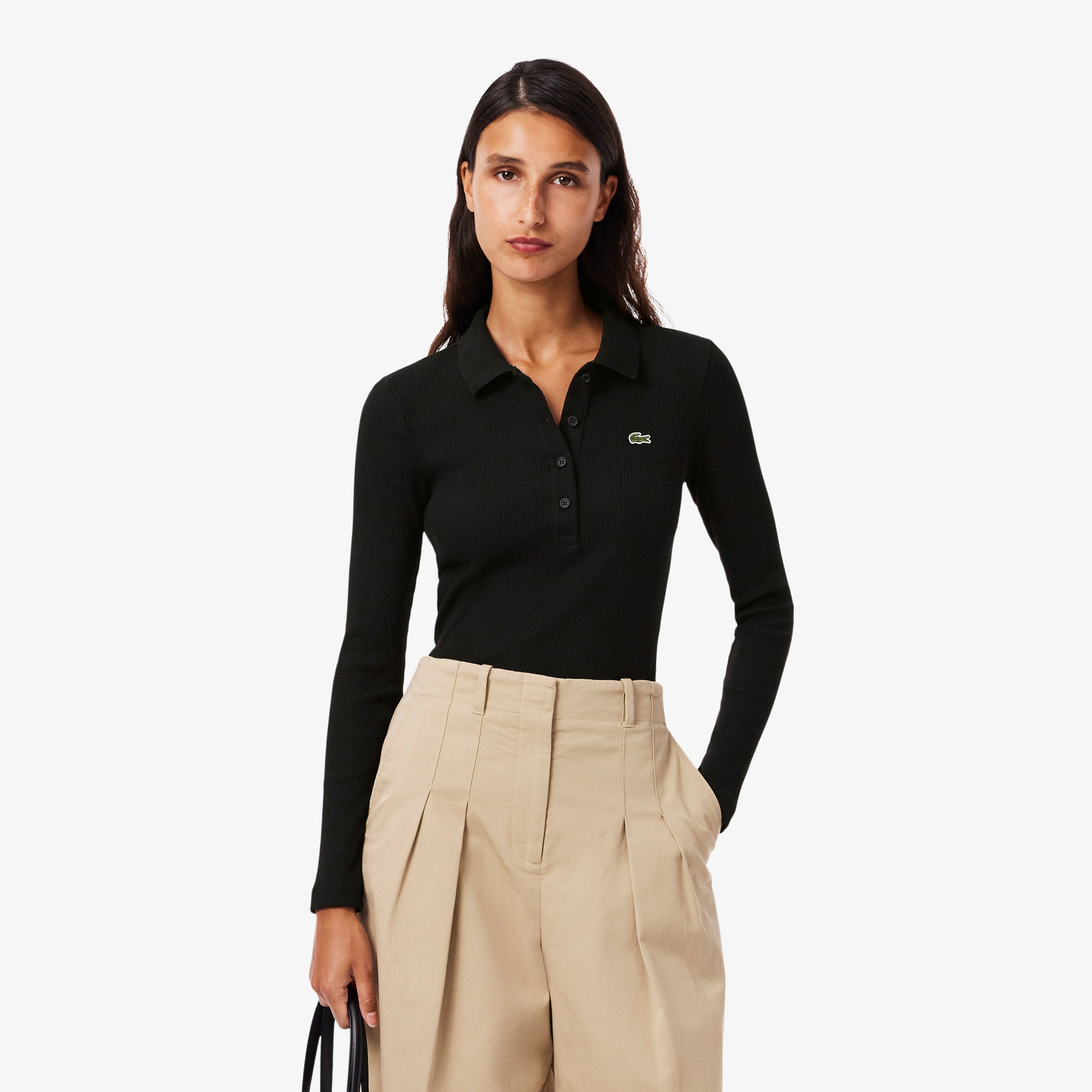 L.12.D Kadın Slim Fit Uzun Kollu Organik Pamuk Siyah Polo