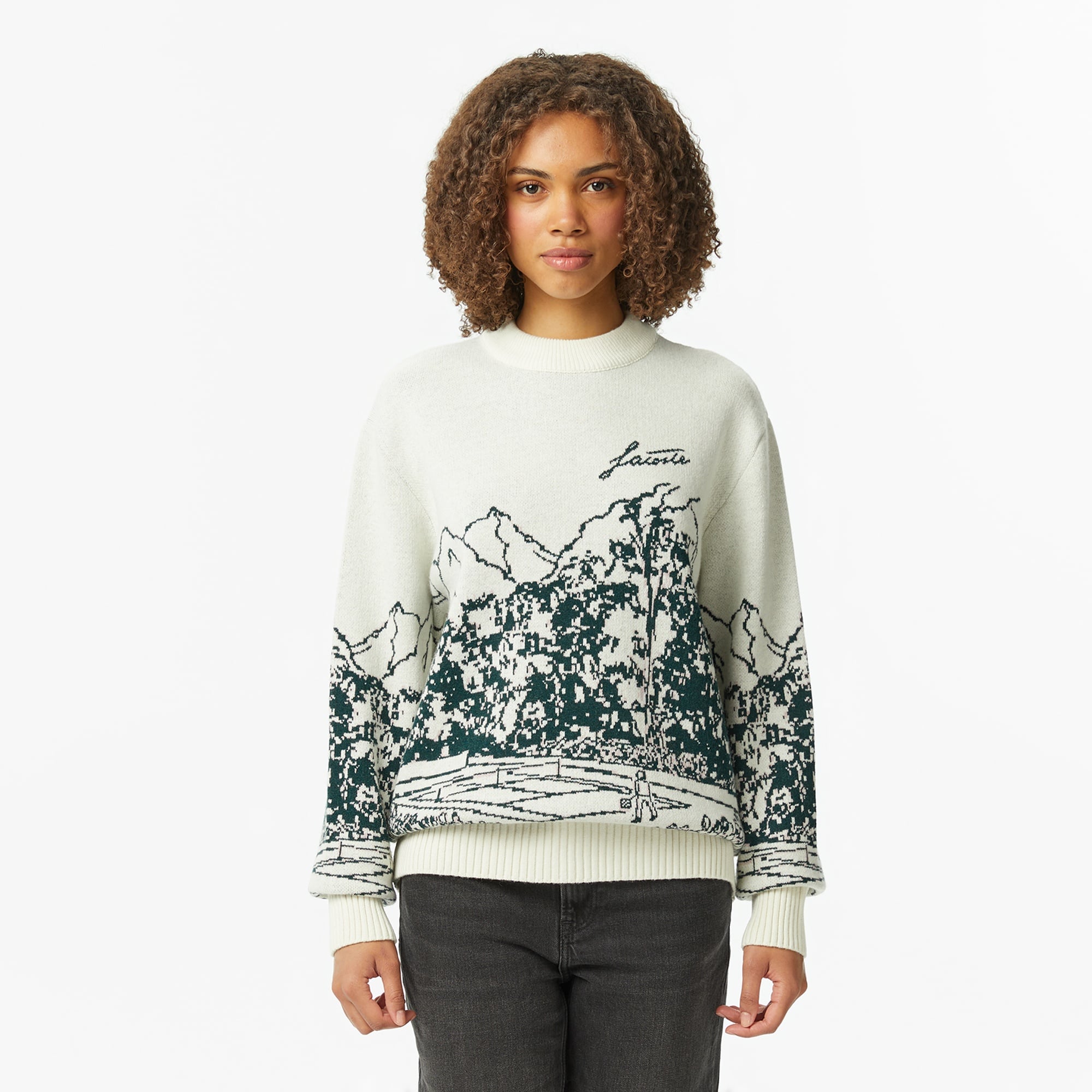 Kadın Relaxed Fit Bisiklet Yaka Desenli Krem Kazak