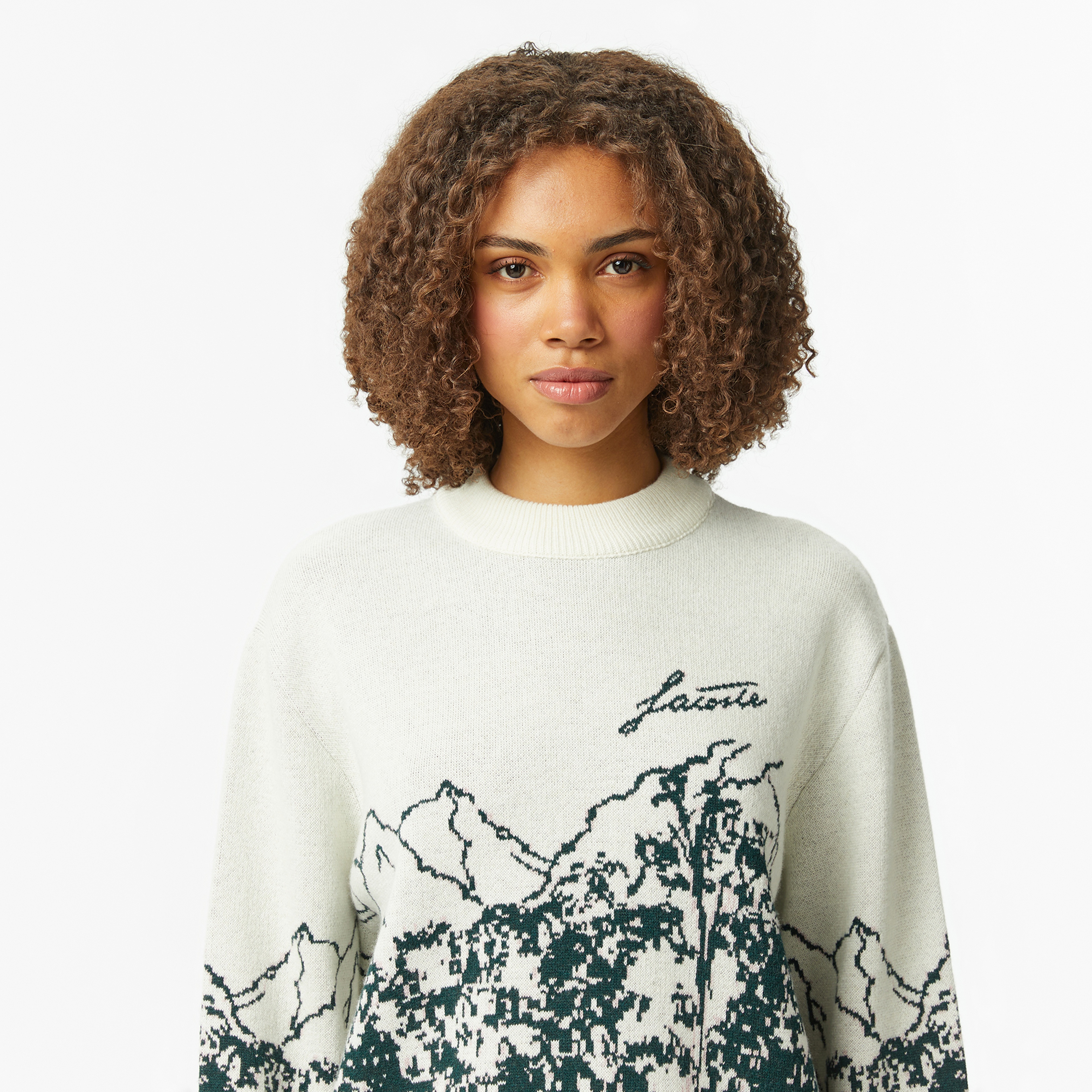 Kadın Relaxed Fit Bisiklet Yaka Desenli Krem Kazak