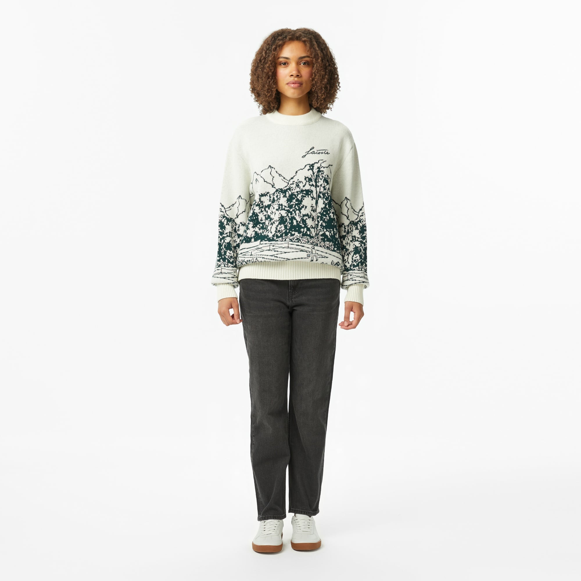 Kadın Relaxed Fit Bisiklet Yaka Desenli Krem Kazak