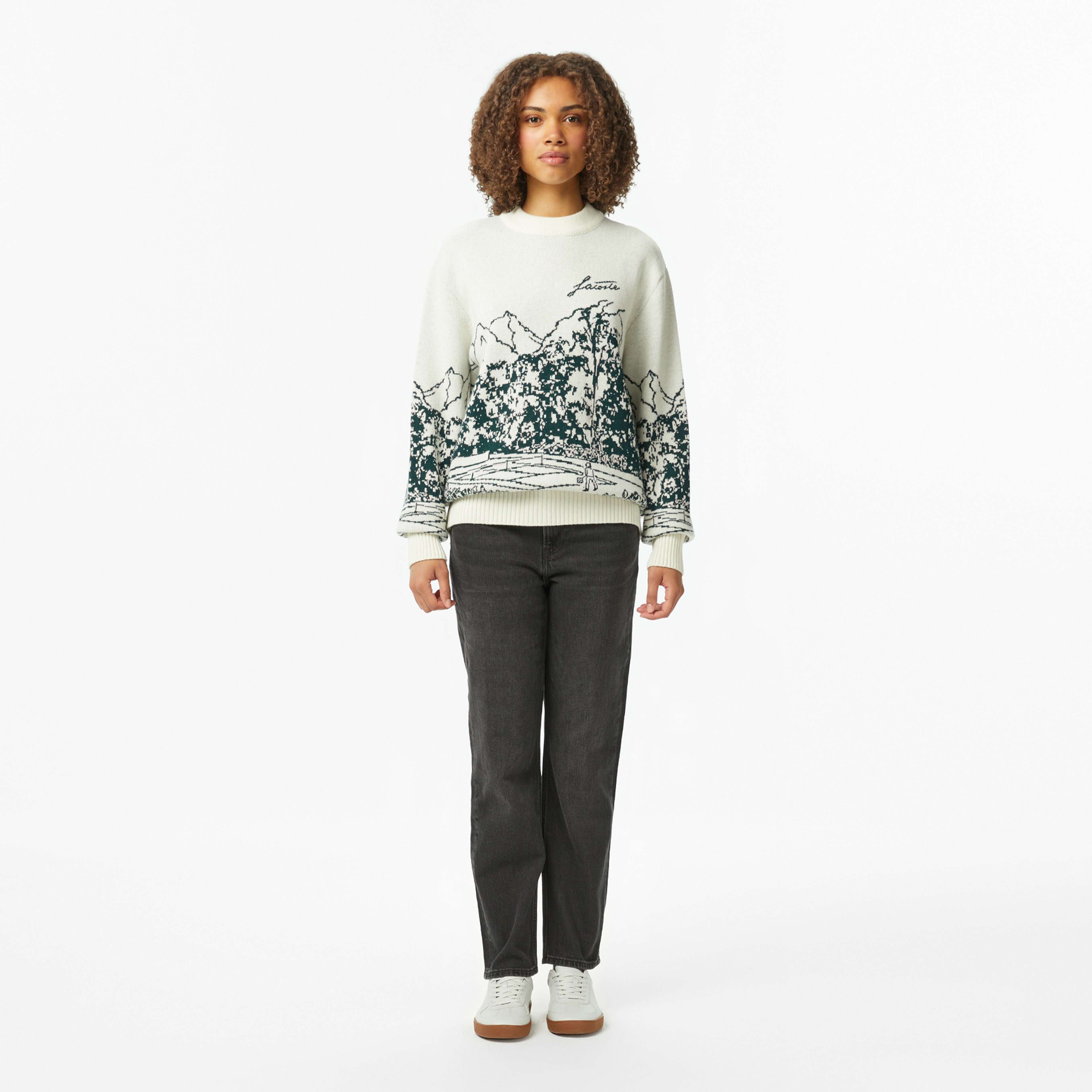 Kadın Relaxed Fit Bisiklet Yaka Desenli Krem Kazak