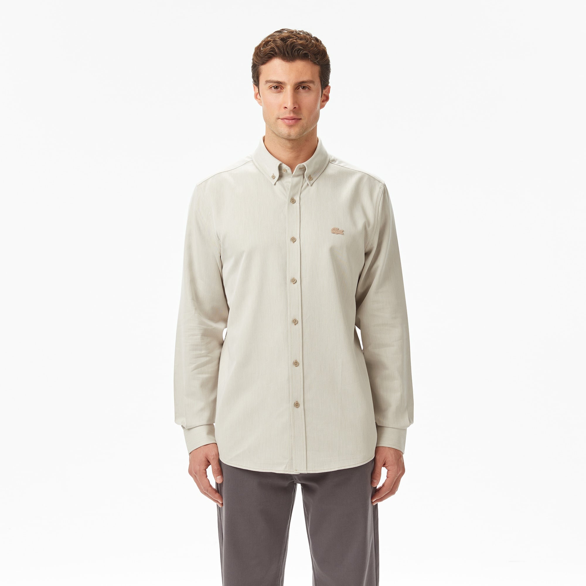 Erkek Regular Fit Düğmeli Yaka Bej Gömlek