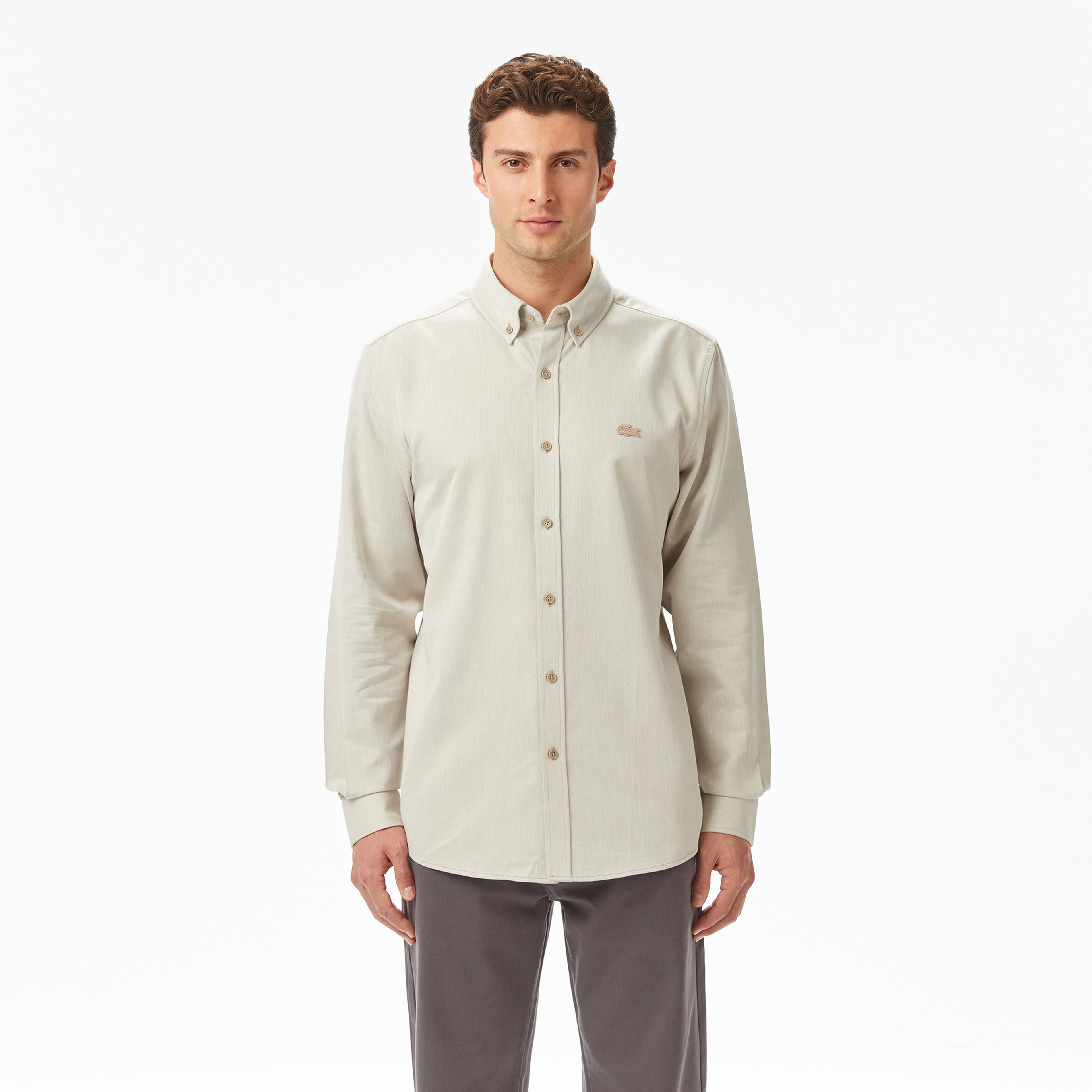 Erkek Regular Fit Düğmeli Yaka Bej Gömlek