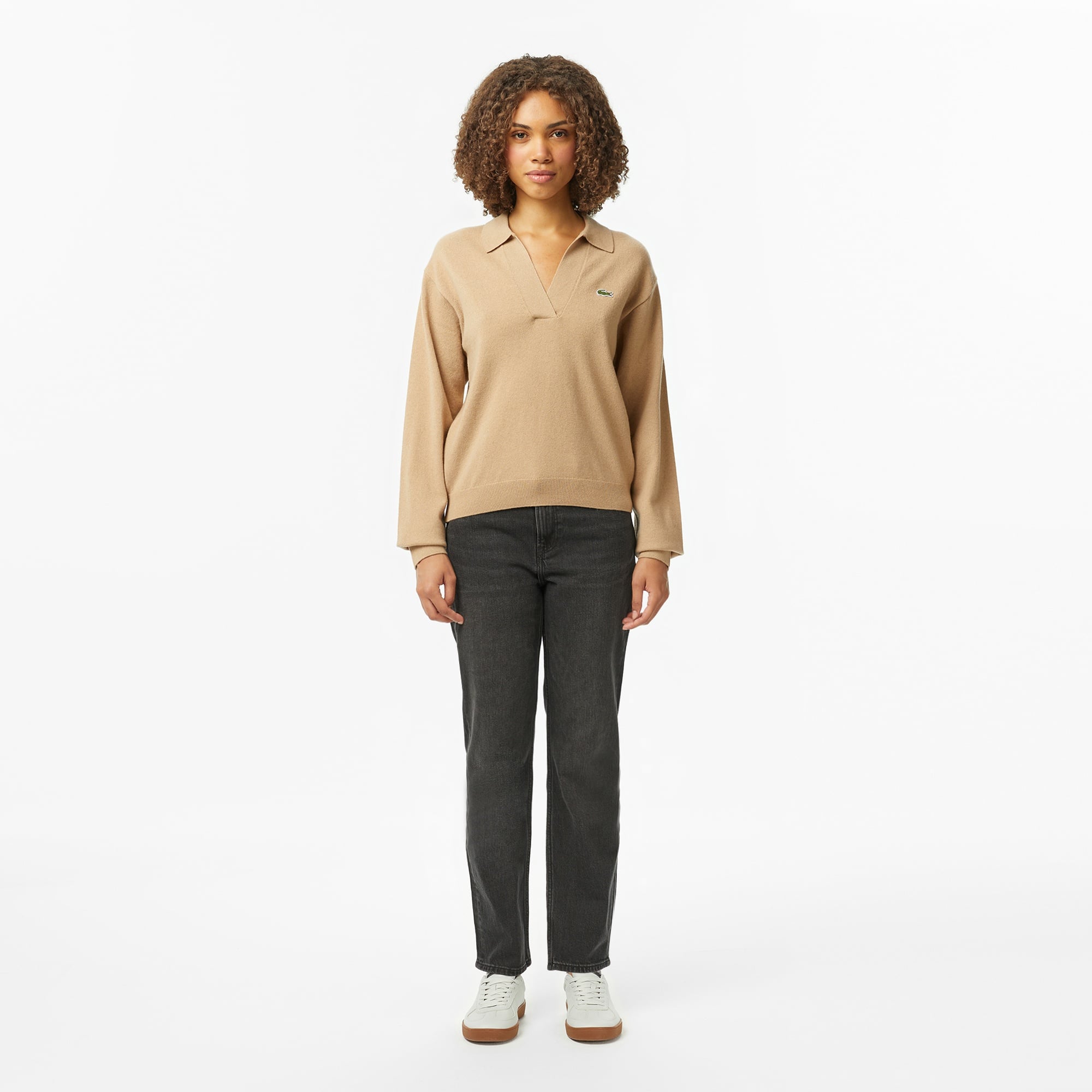 Kadın Classic Fit Polo Yaka Bej Kazak