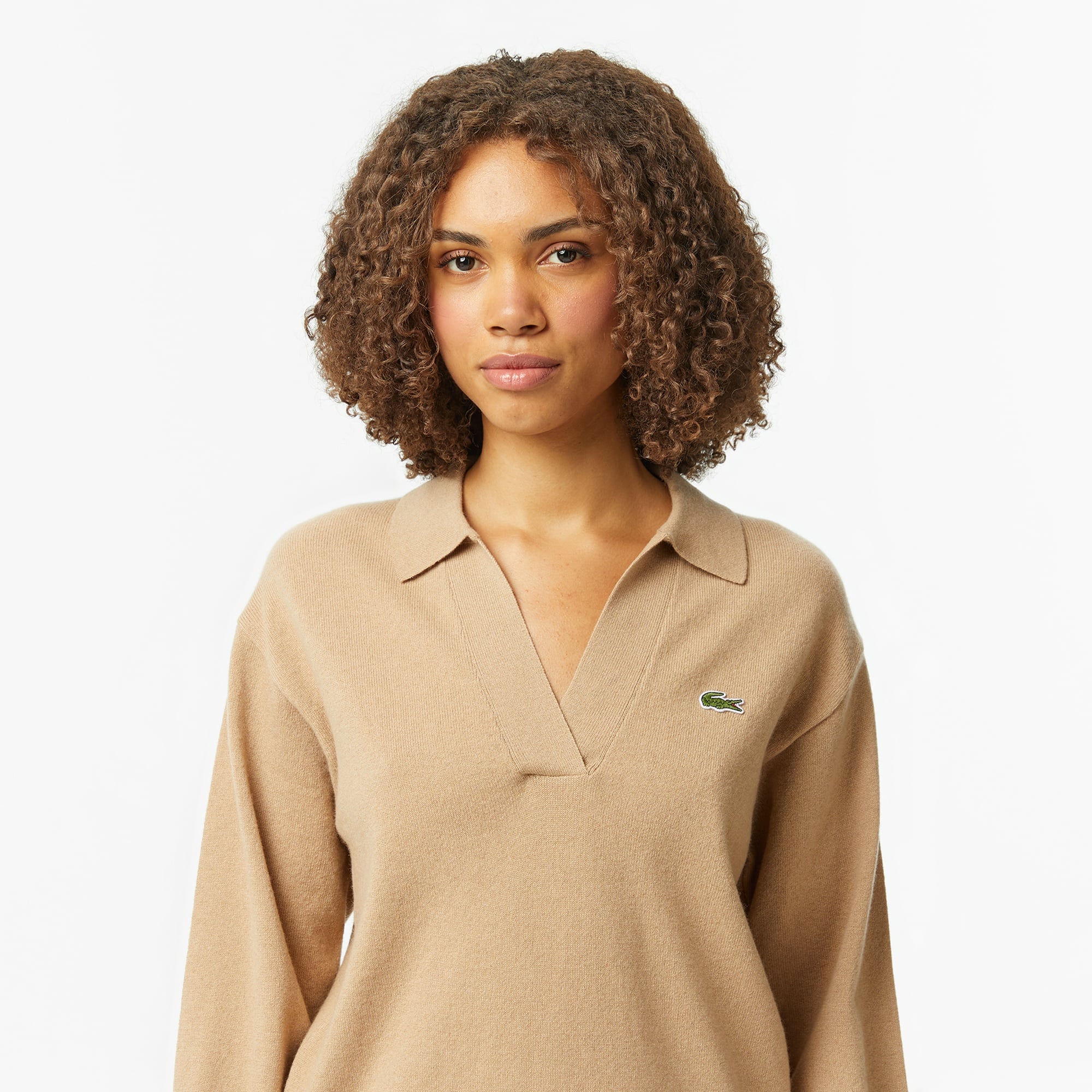 Kadın Classic Fit Polo Yaka Bej Kazak