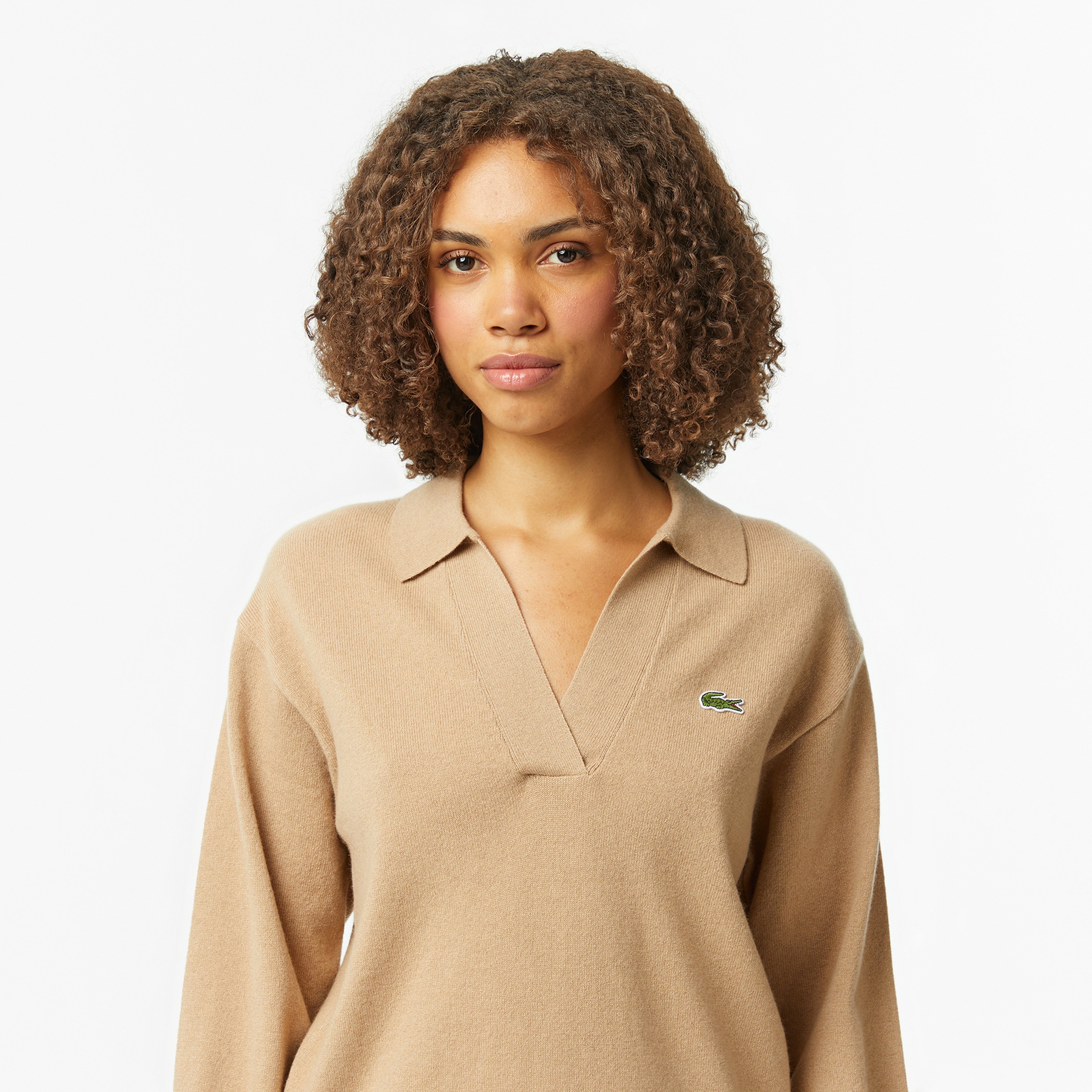 Kadın Classic Fit Polo Yaka Bej Kazak