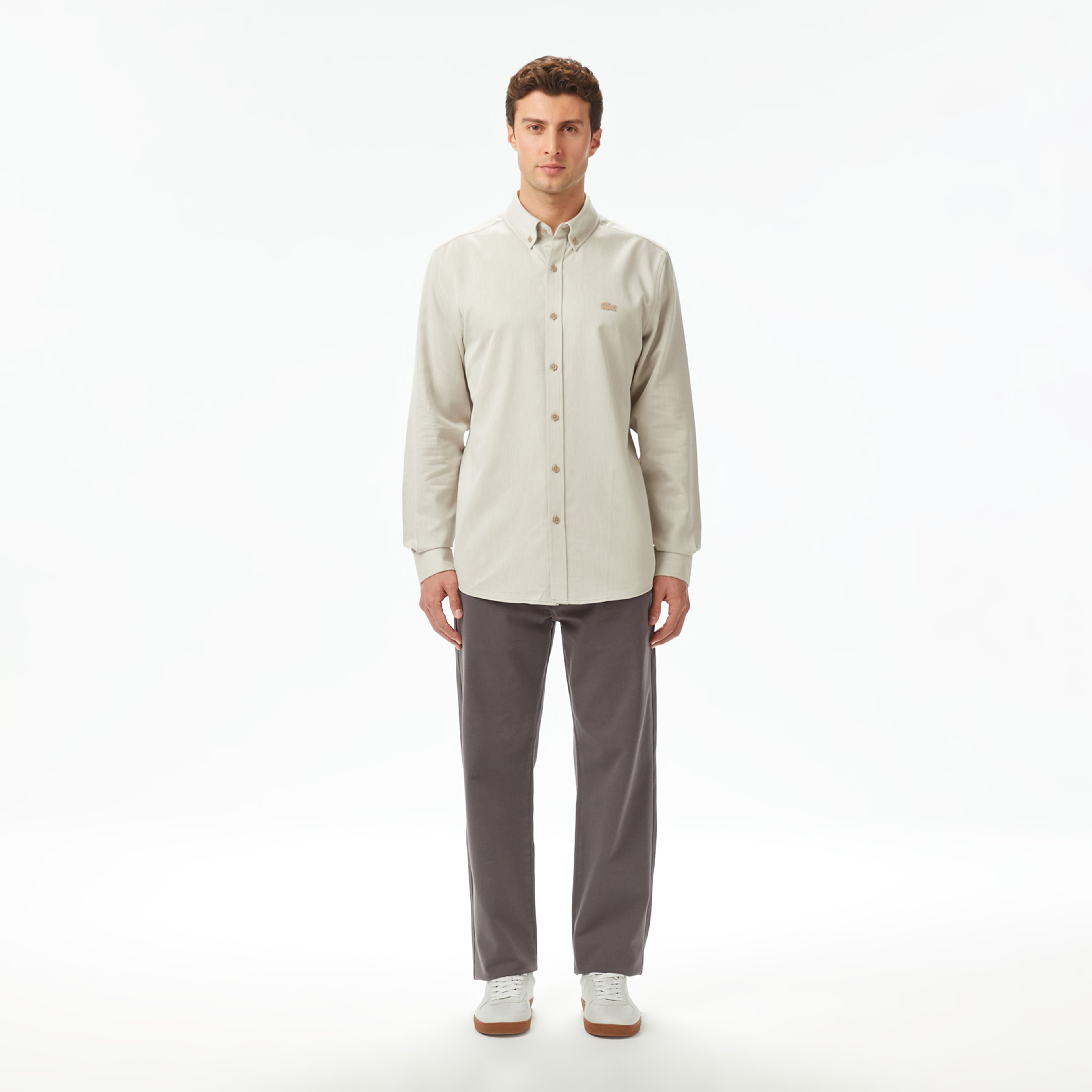 Erkek Regular Fit Düğmeli Yaka Bej Gömlek