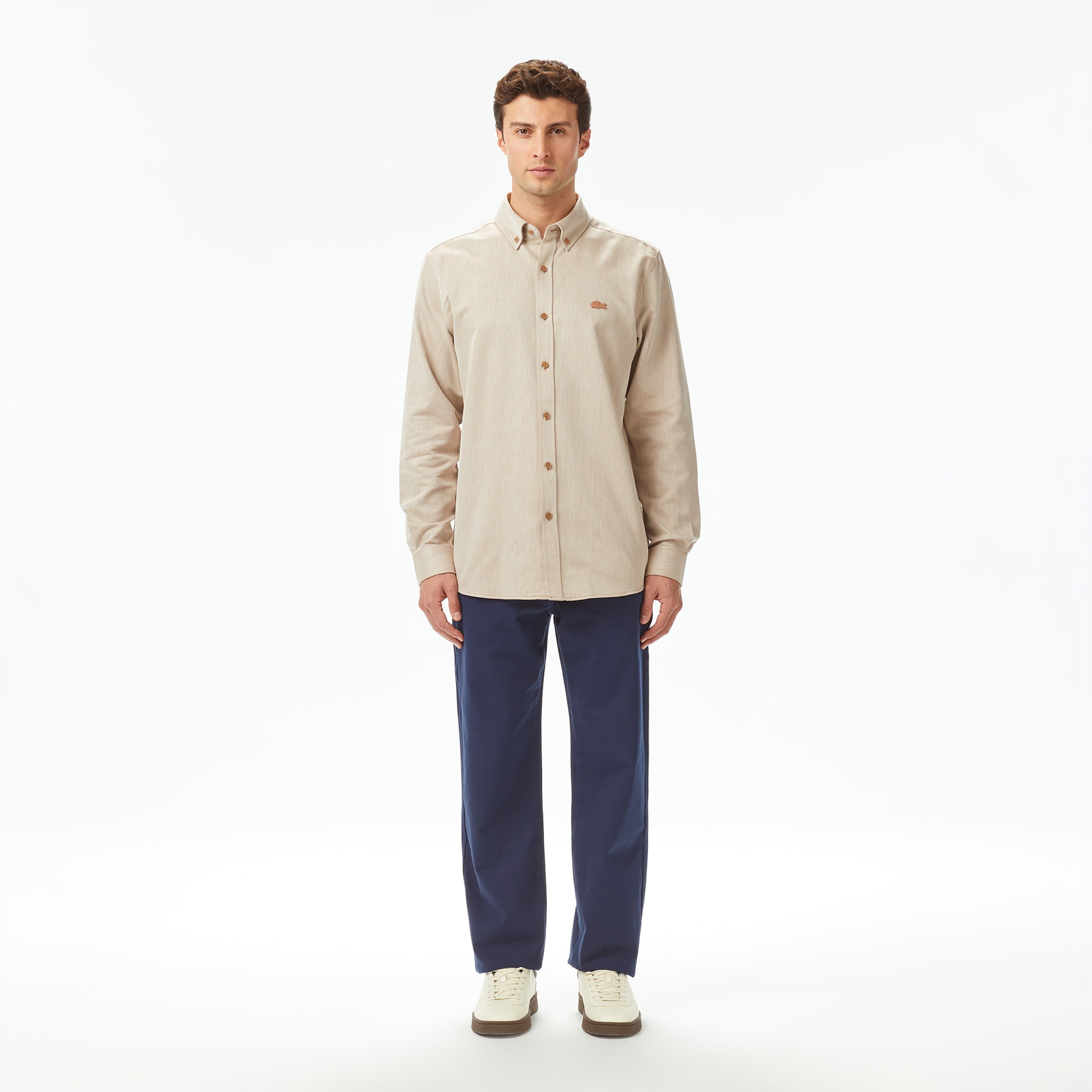 Erkek Regular Fit Düğmeli Yaka Bej Gömlek