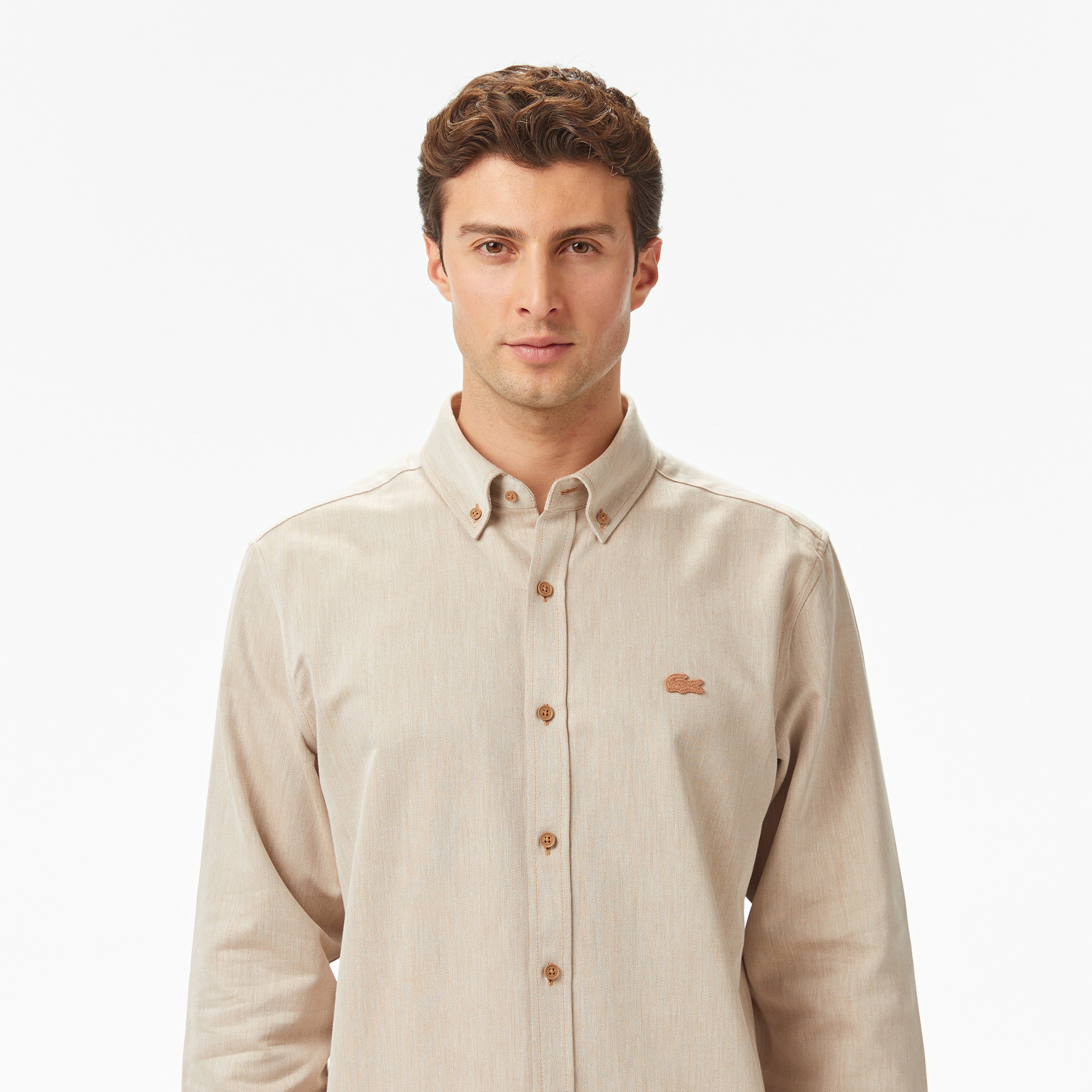Erkek Regular Fit Düğmeli Yaka Bej Gömlek