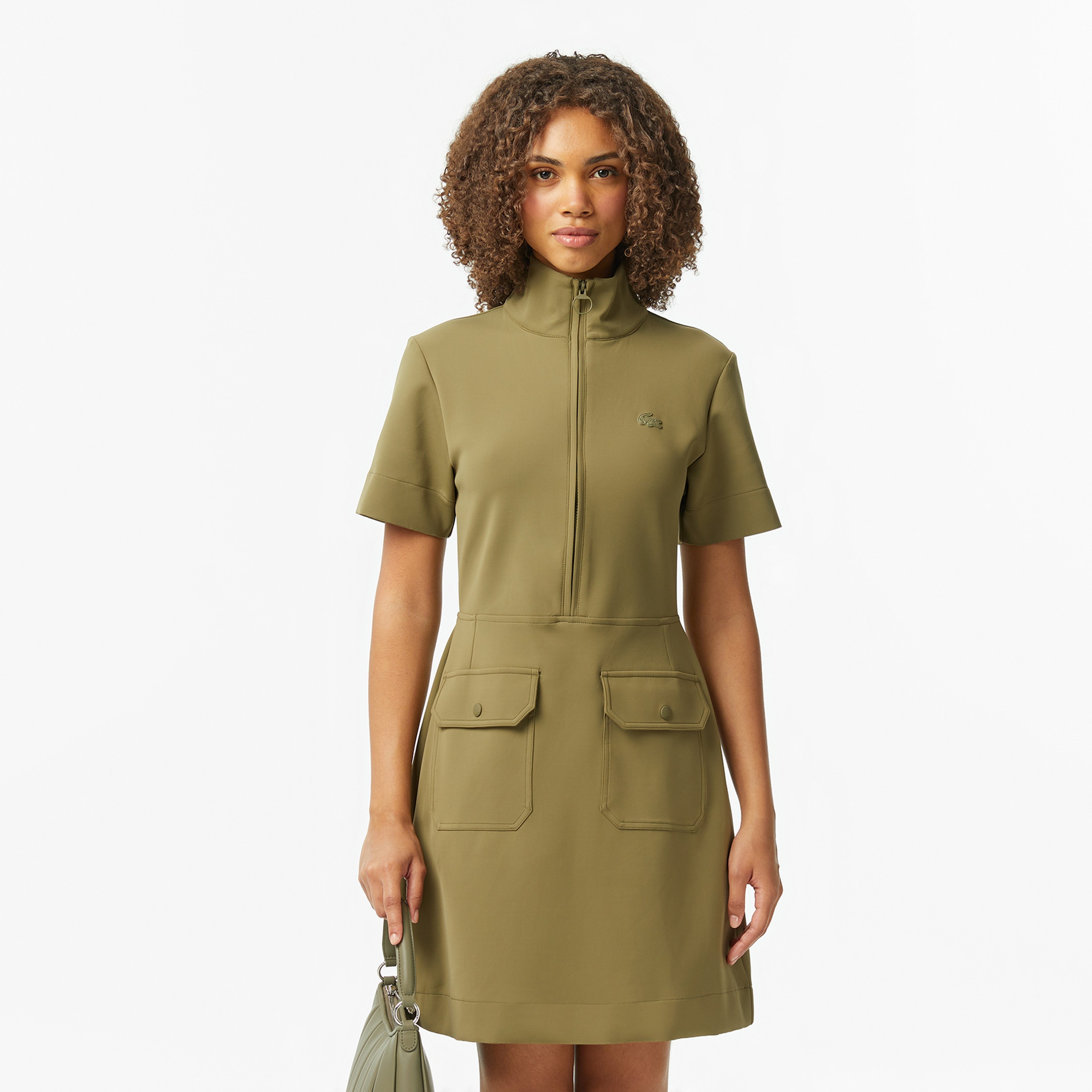 Kadın Classic Fit Kısa Kollu Dik Yaka Haki Elbise