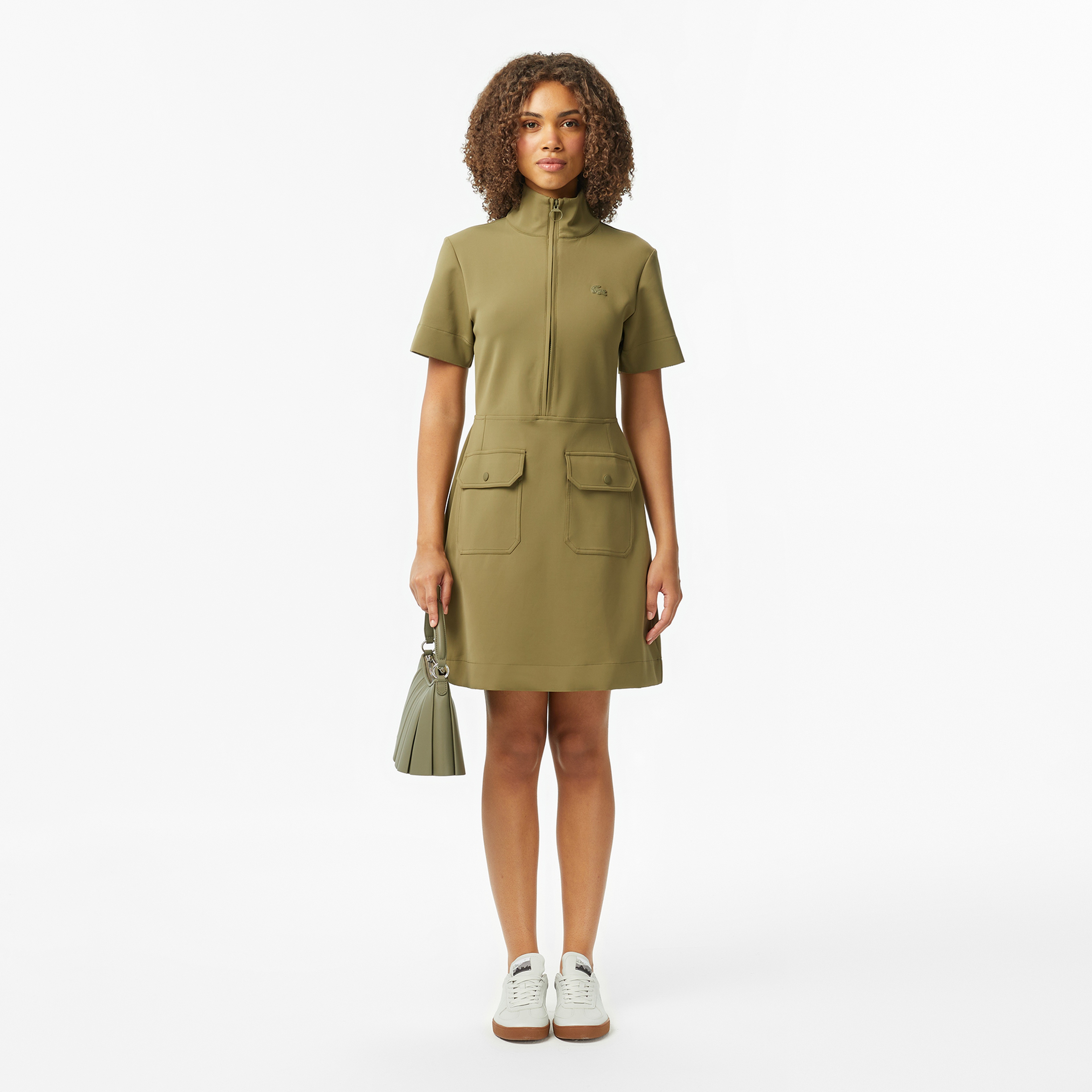 Kadın Classic Fit Kısa Kollu Dik Yaka Haki Elbise