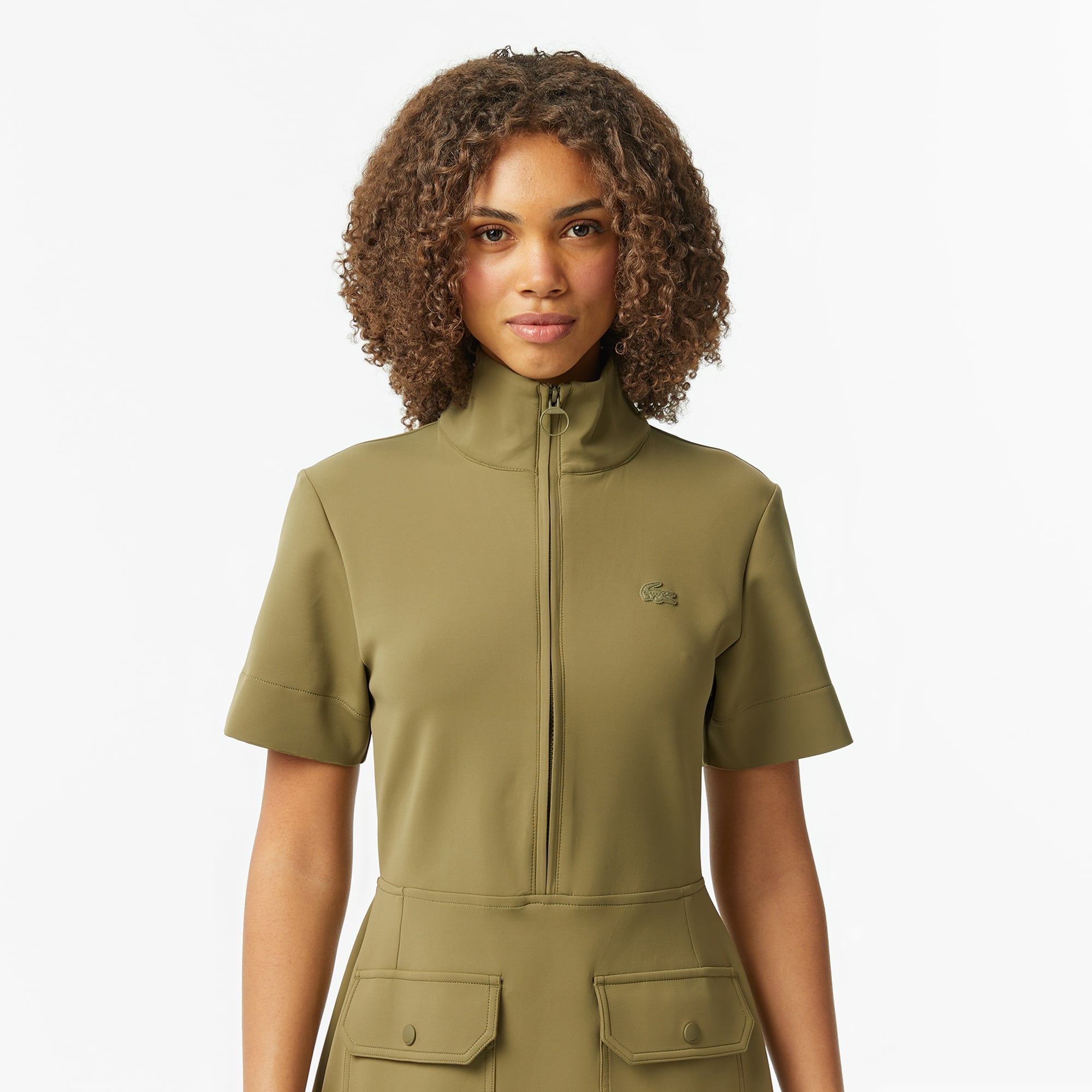 Kadın Classic Fit Kısa Kollu Dik Yaka Haki Elbise