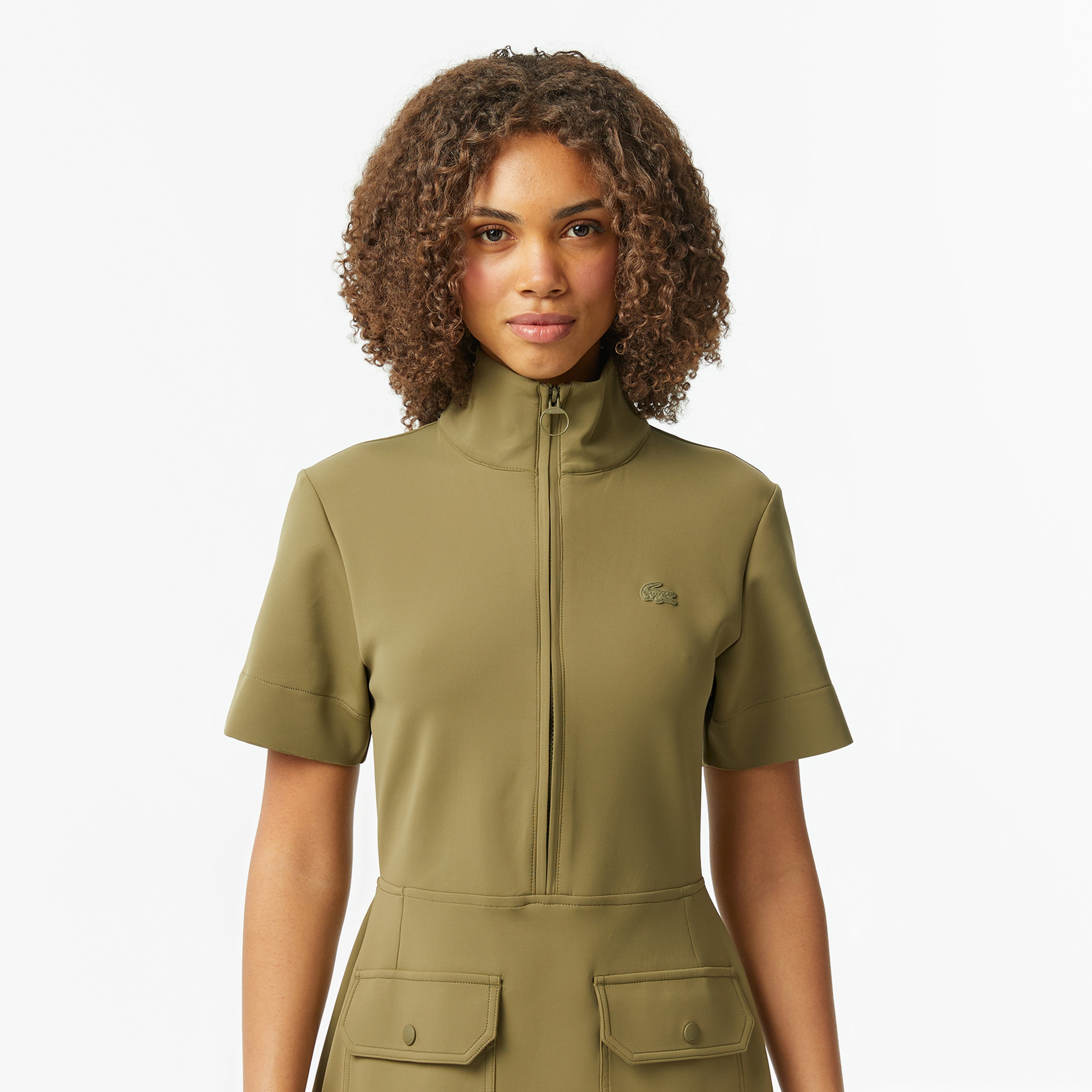 Kadın Classic Fit Kısa Kollu Dik Yaka Haki Elbise