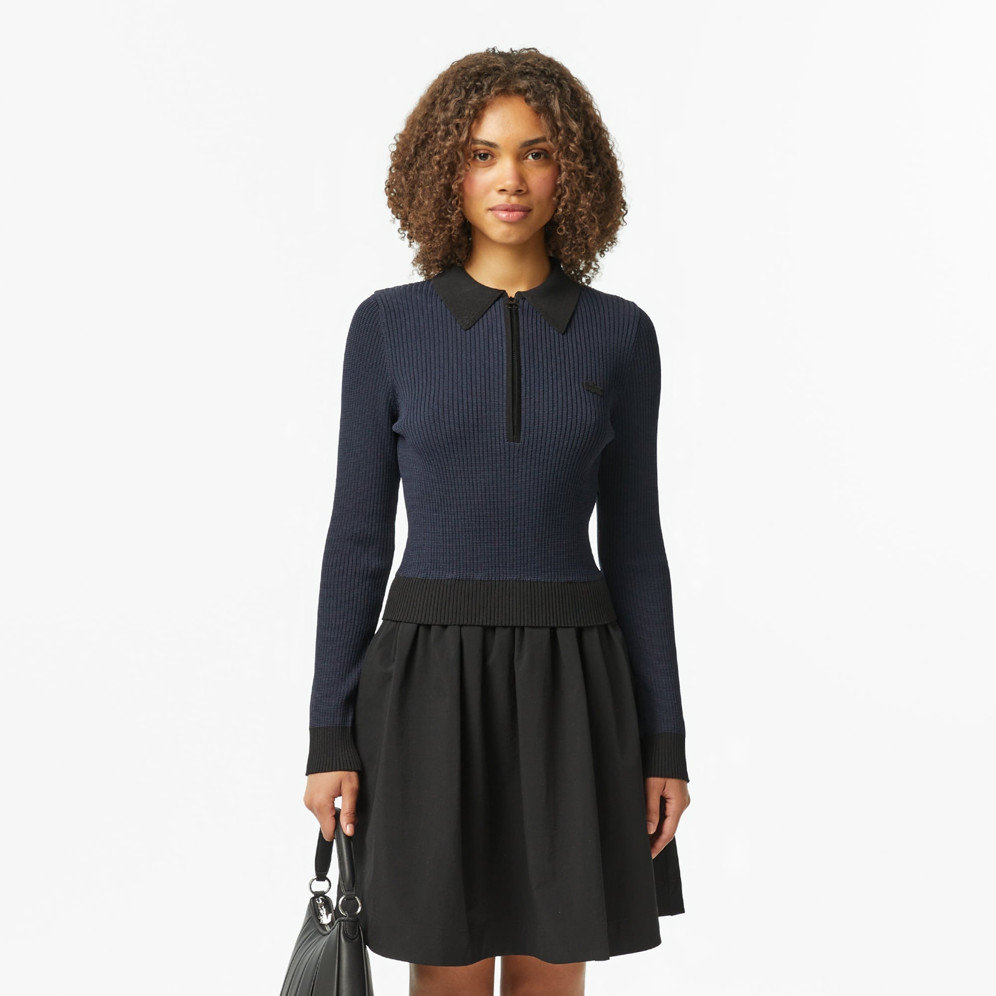 Kadın Classic Fit Uzun Kollu Yarım Fermuarlı Çizgili Siyah Elbise