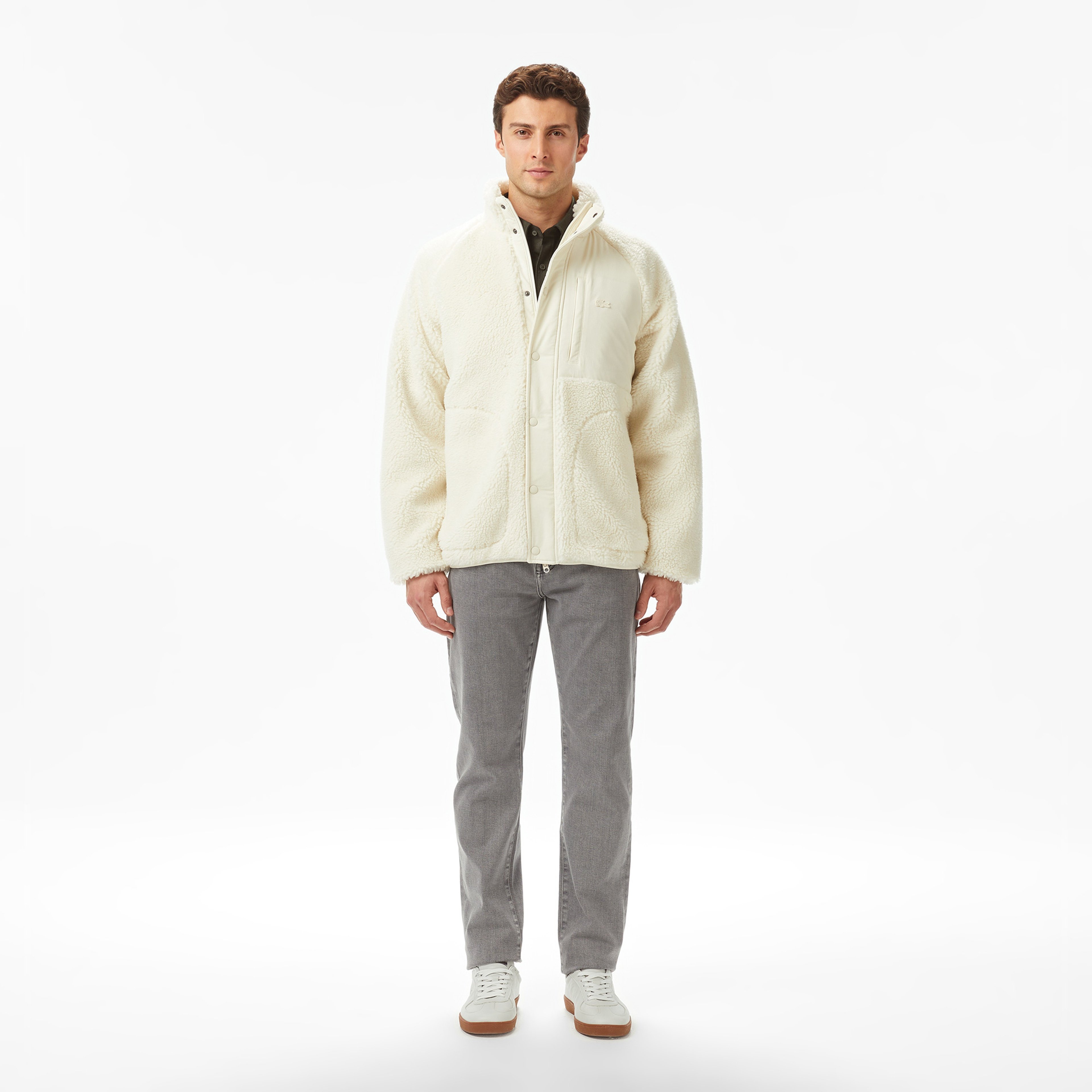 Erkek Dik Yaka Renk Bloklu Beyaz Ceket