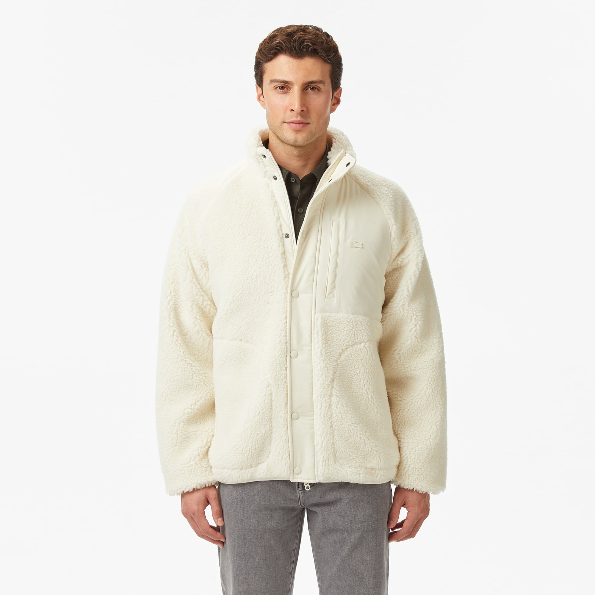 Erkek Dik Yaka Renk Bloklu Beyaz Ceket