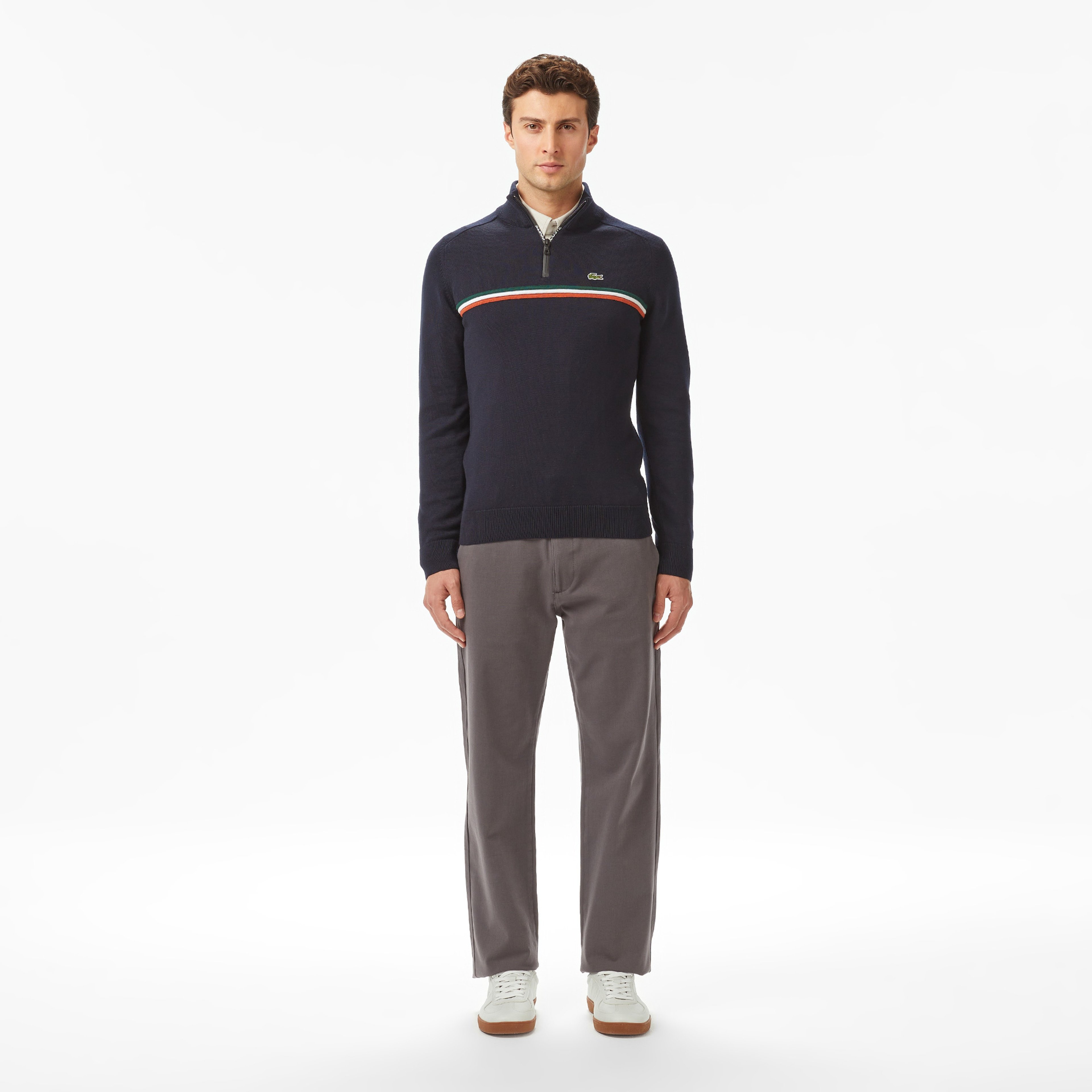 Erkek Classic Fit Yarım Fermuarlı Çizgili Lacivert Kazak