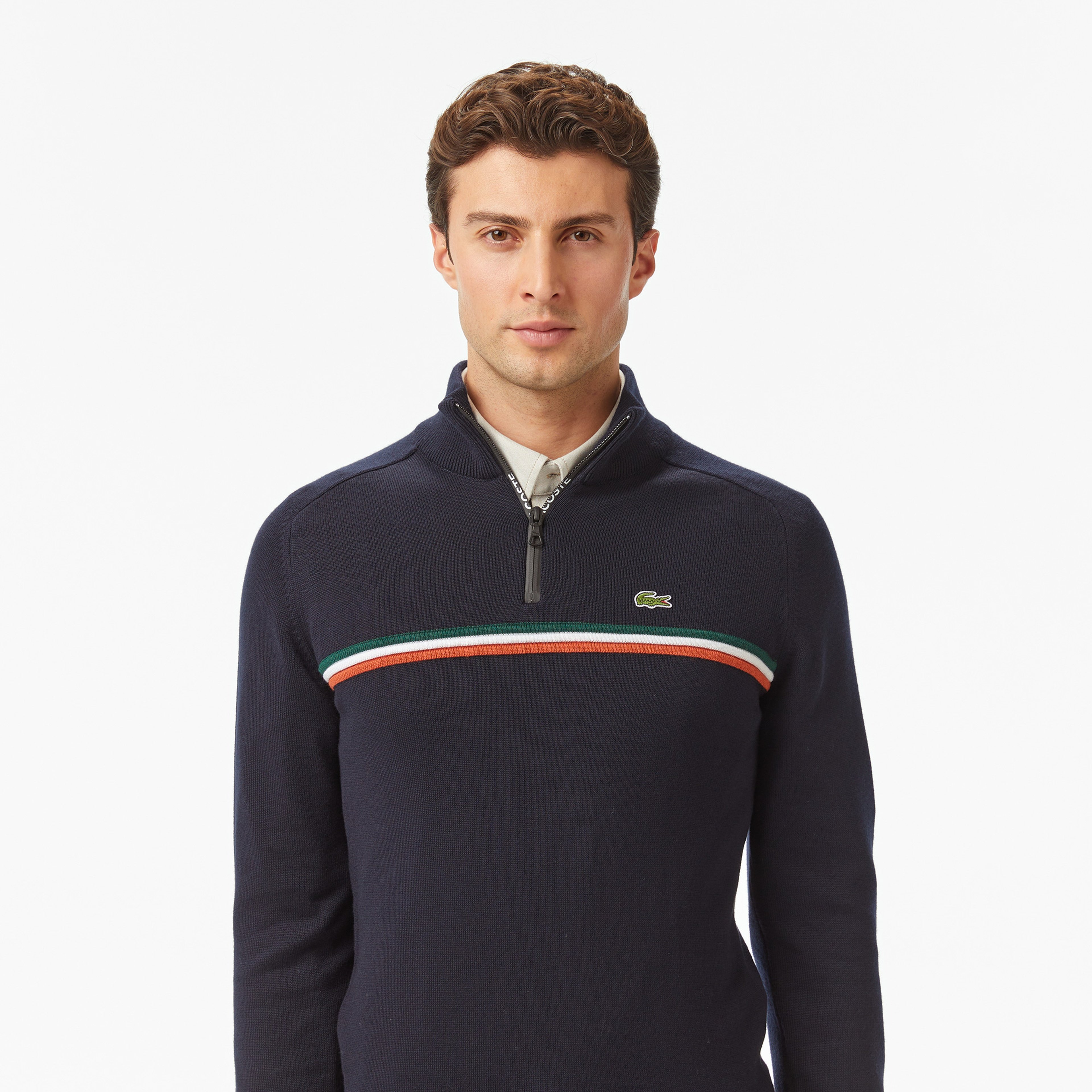 Erkek Classic Fit Yarım Fermuarlı Çizgili Lacivert Kazak