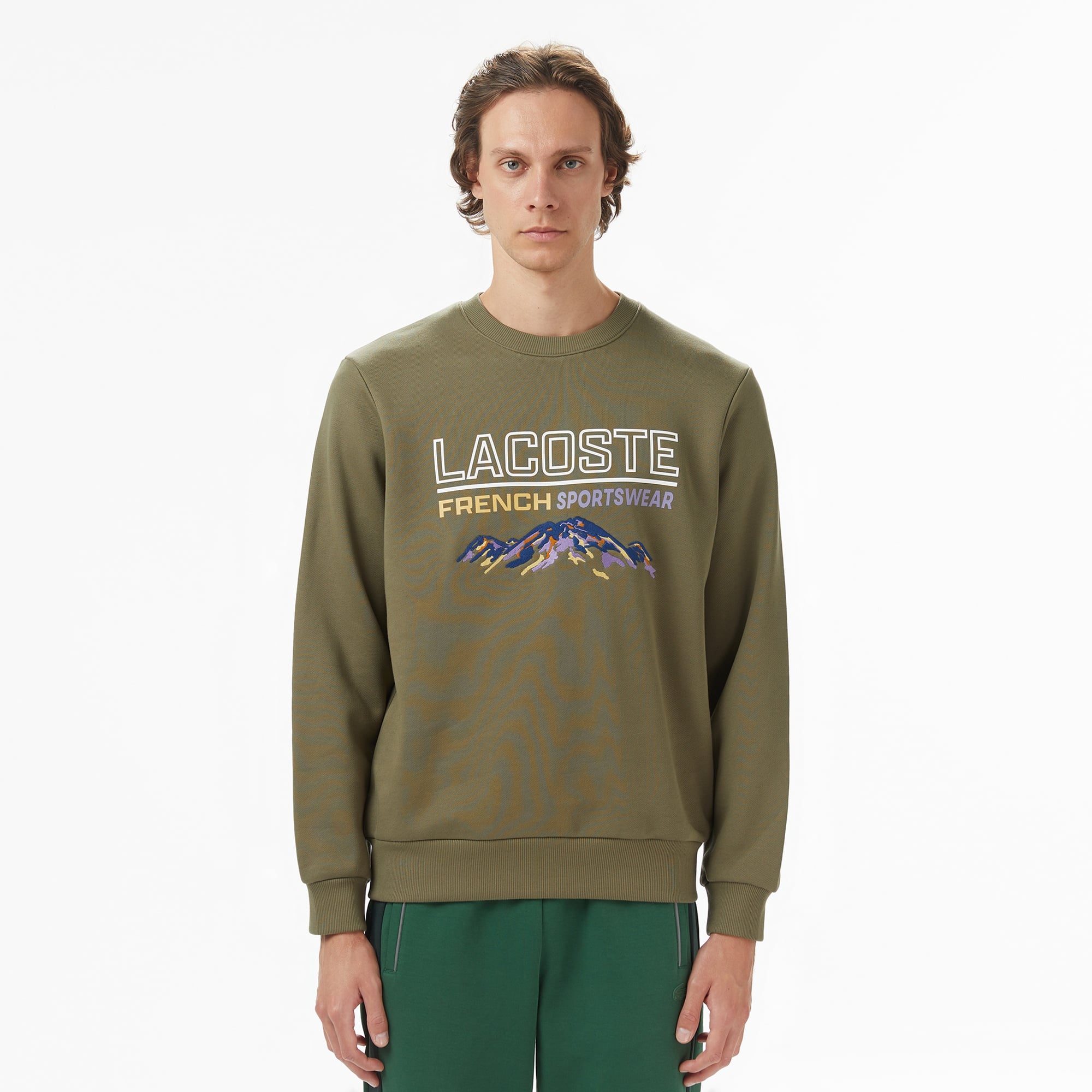 Erkek Classic Fit Bisiklet Yaka Baskılı Haki Sweatshirt