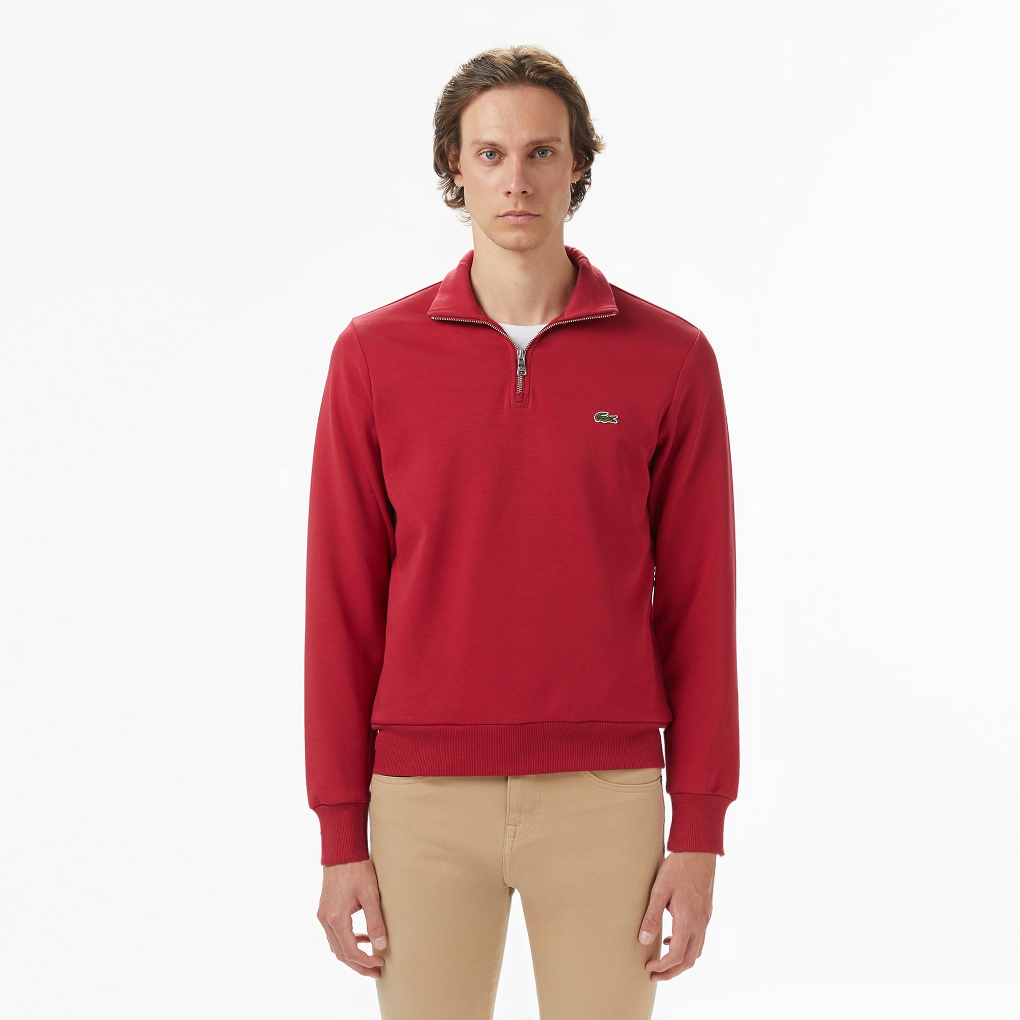 Erkek Classic Fit Yarım Fermuarlı Bordo Sweatshirt