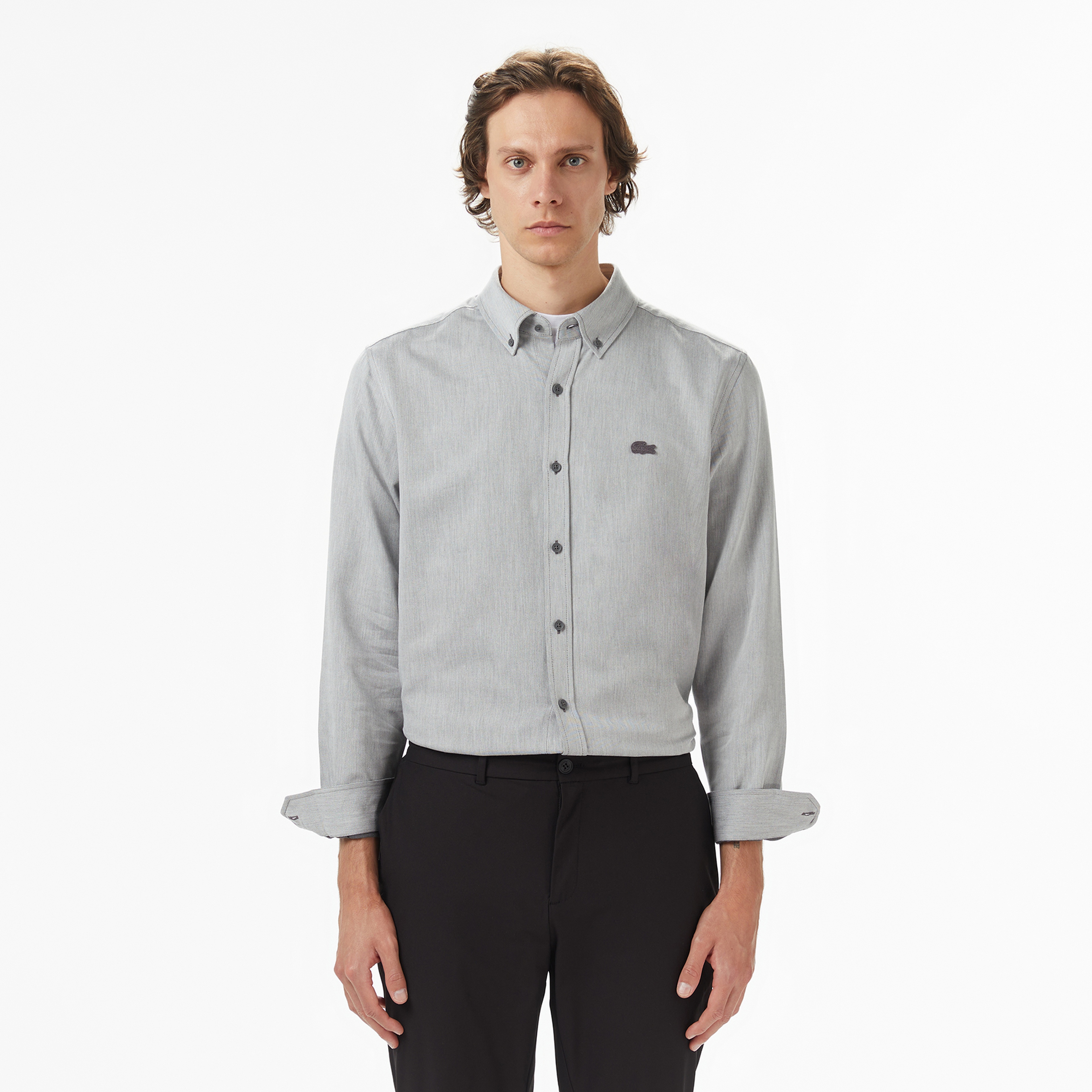 Erkek Regular Fit Düğmeli Yaka Gri Gömlek