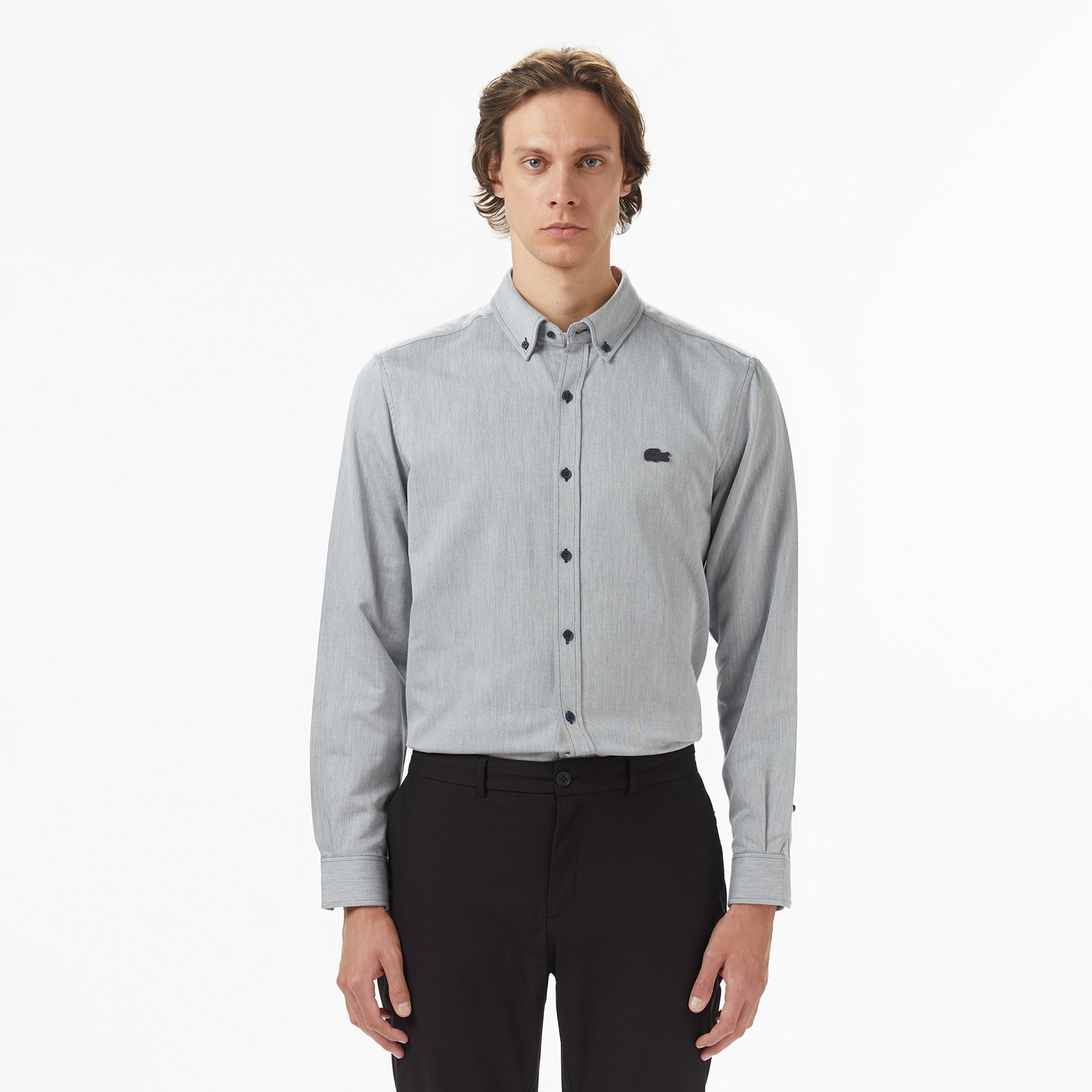 Erkek Regular Fit Düğmeli Yaka Gri Gömlek
