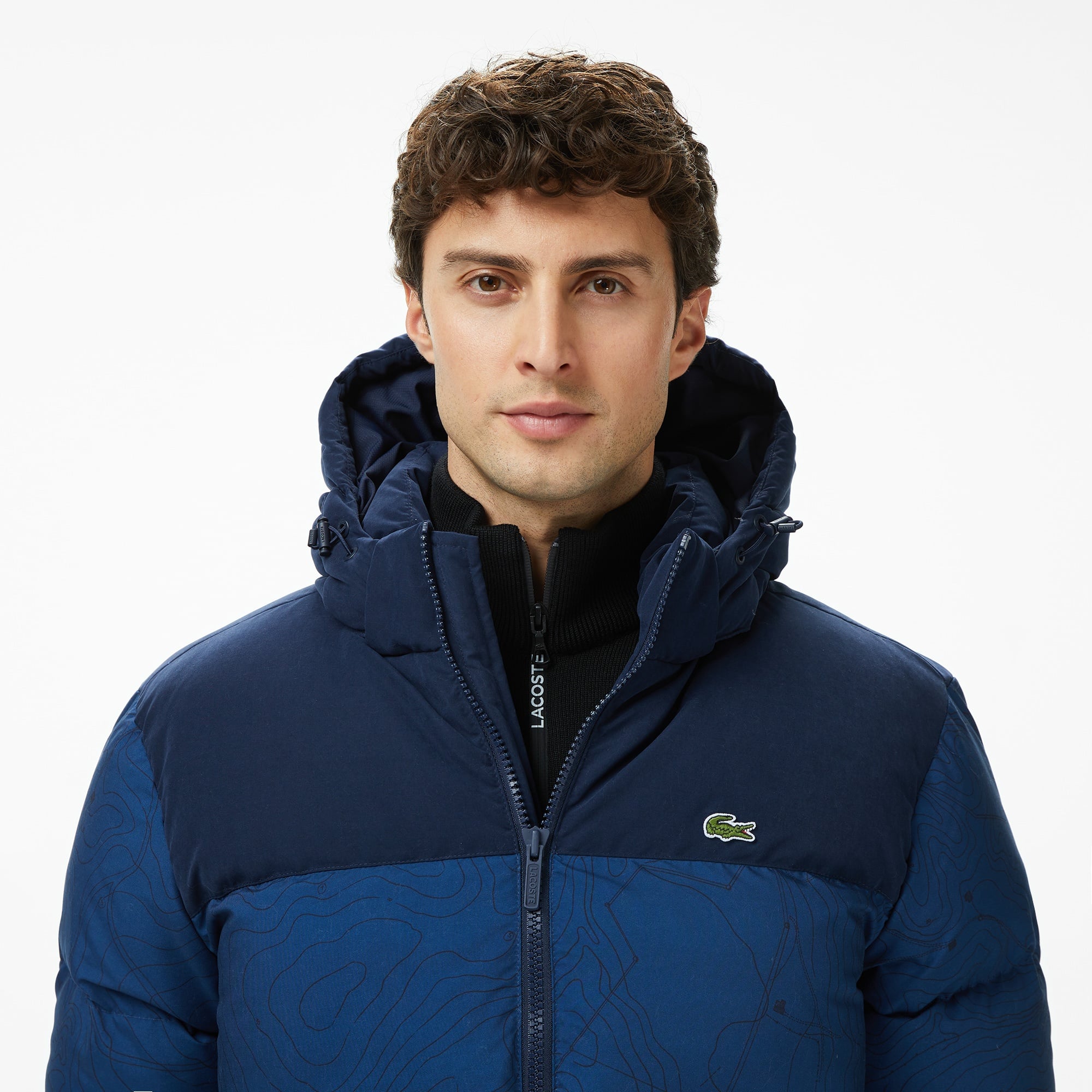 Erkek Kapüşonlu Renk Bloklu Lacivert Mont