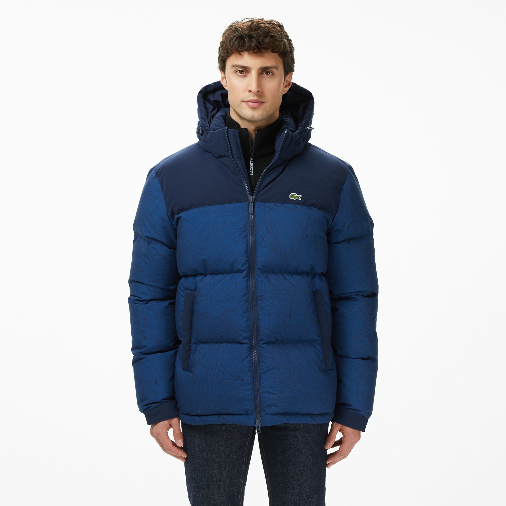 Erkek Kapüşonlu Renk Bloklu Lacivert Mont